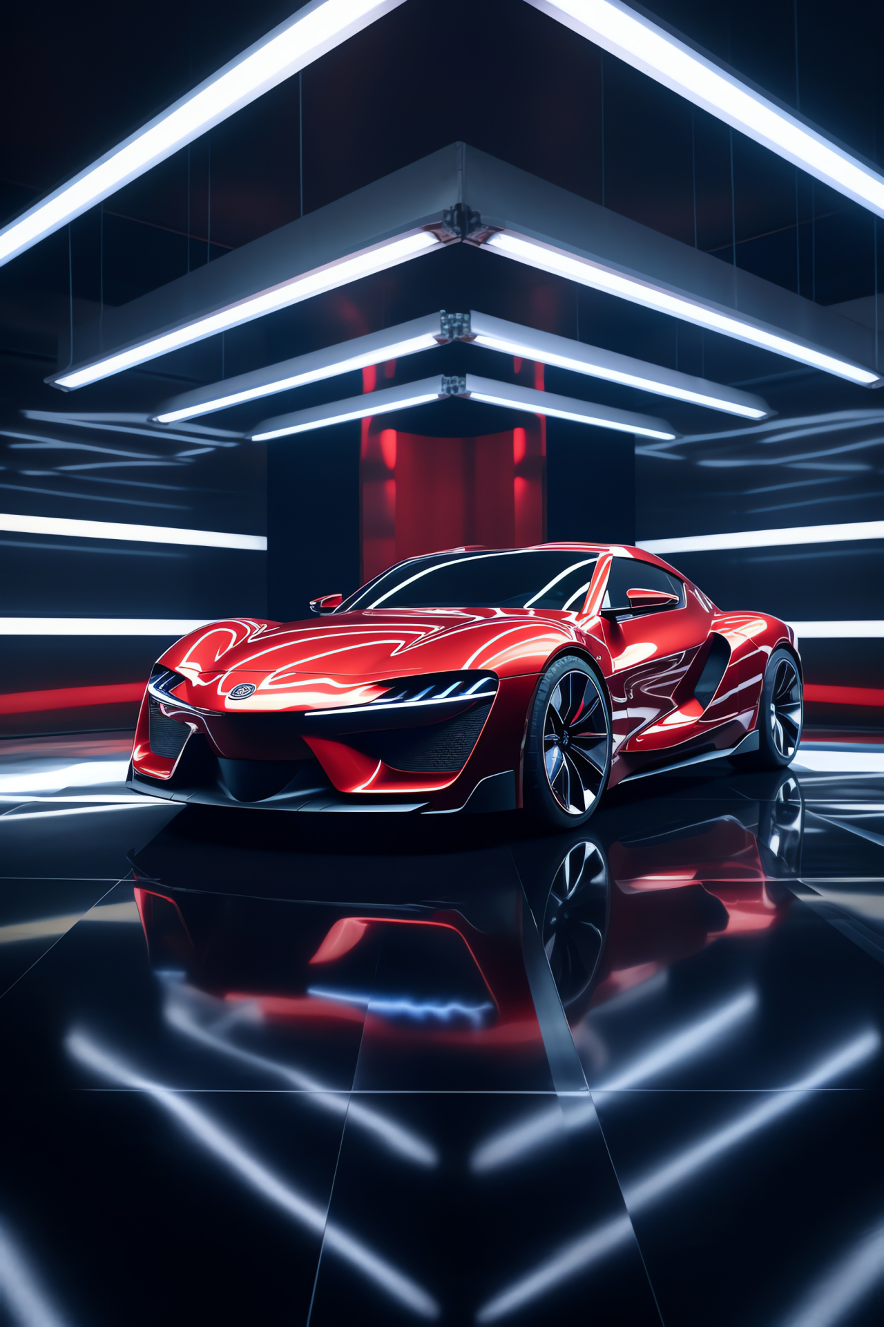 Toyota Supra GR A90, Hologram-showcased vehicle, Contemporary car display, Auto industry innovation, Showroom glamour, HD Phone Wallpaper