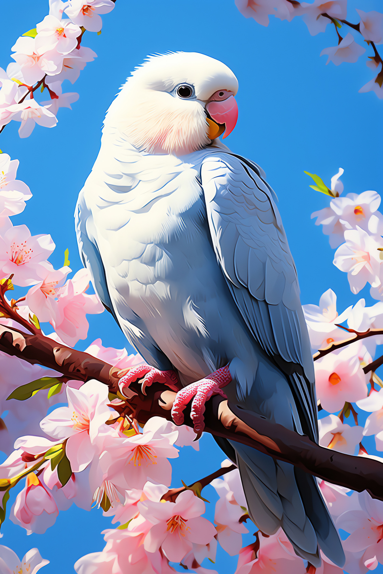 Albino parakeet perch, Avian noble pose, White bird contemplation, Cherry wood rest, Sunny flora, HD Phone Image