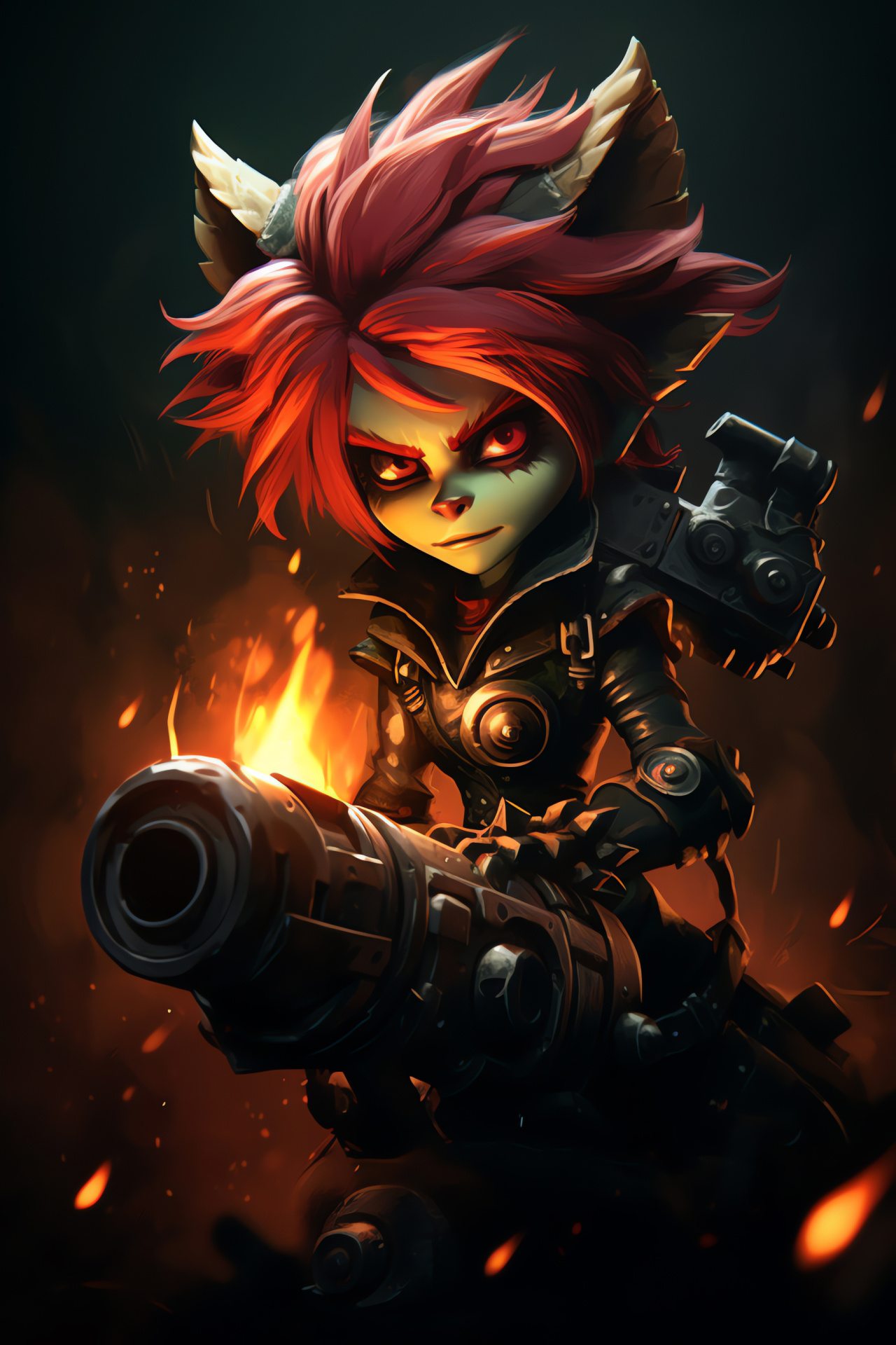 Tristana firepower, Yordle marksman, Flame-touched tresses, Serene hunter, Heavy artillery, HD Phone Image