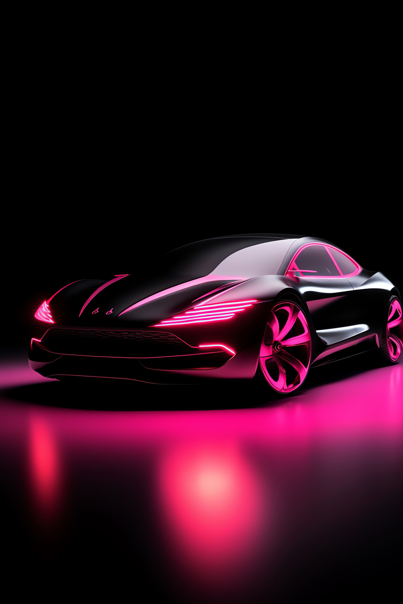 Pink concept car, stark black canvas, neon lights embellishment, futuristic vehicle accents, vibrant aesthetic, HD Phone Image