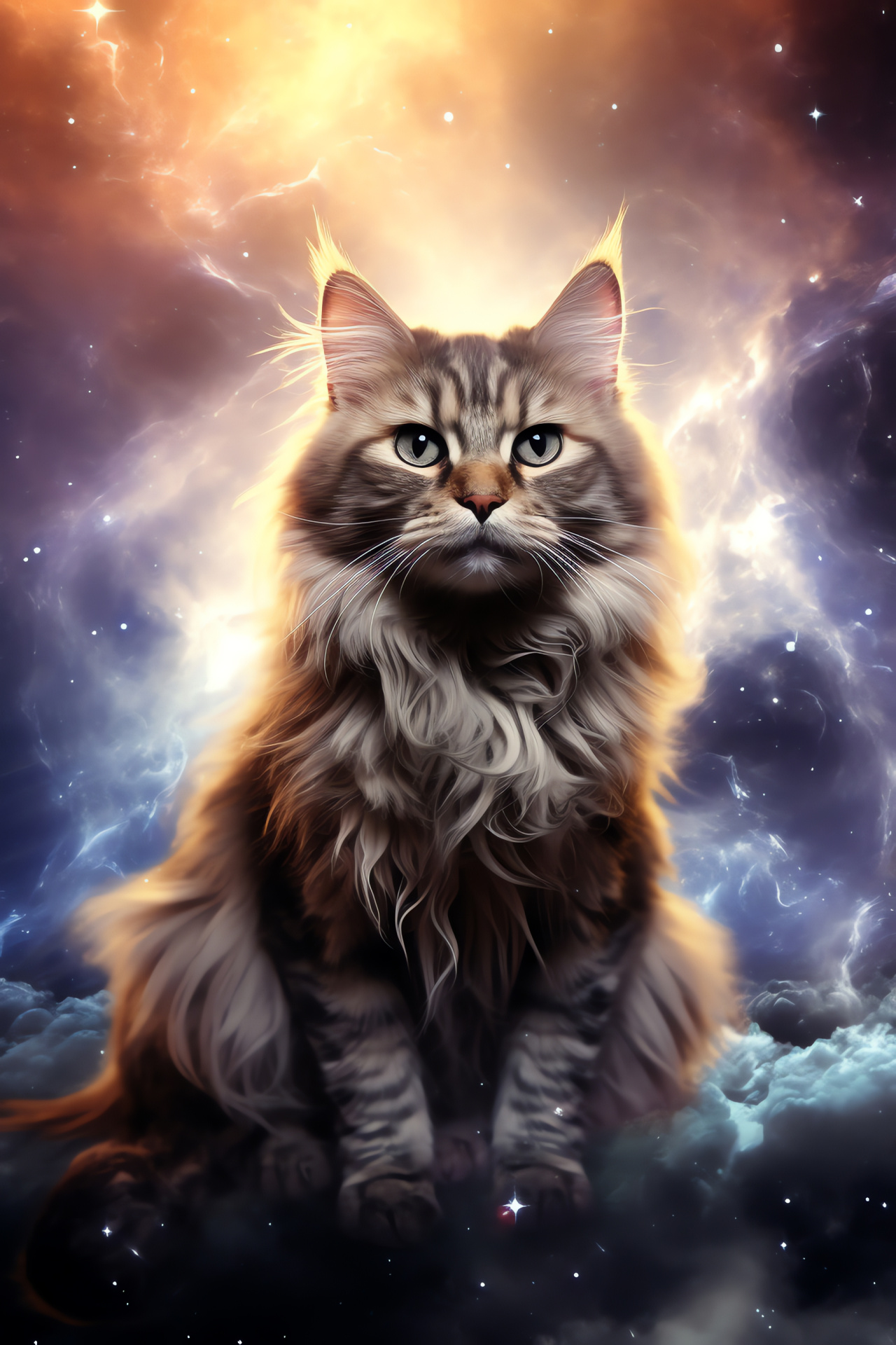 Space Cats HD, Nebulae backdrop, Golden gaze, Silver fur, Mysterious felines, HD Phone Wallpaper