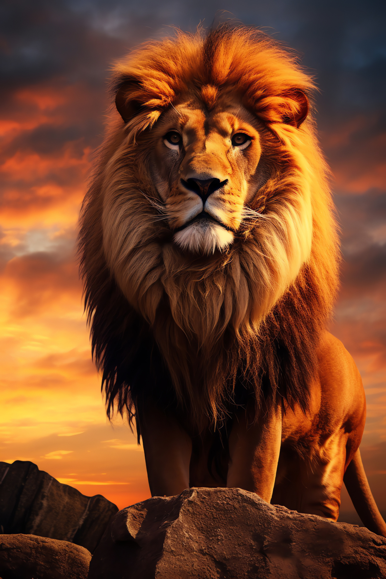 Regal African lion, Big cat with imposing mane, Apex predator gaze, Radiant savanna king, Striking prismatic environment, HD Phone Wallpaper