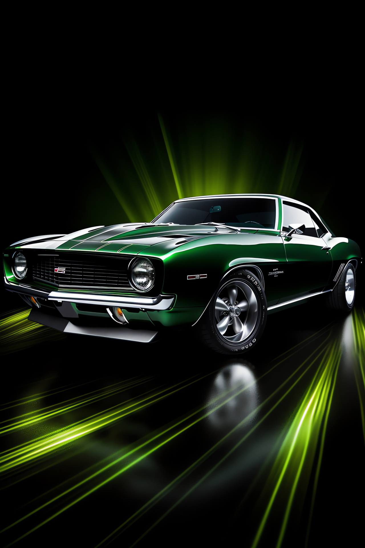 Chevrolet Camaro 1969 model, Classic green vehicle, Iconic muscle car, Neon illumination effect, Timeless design, HD Phone Wallpaper