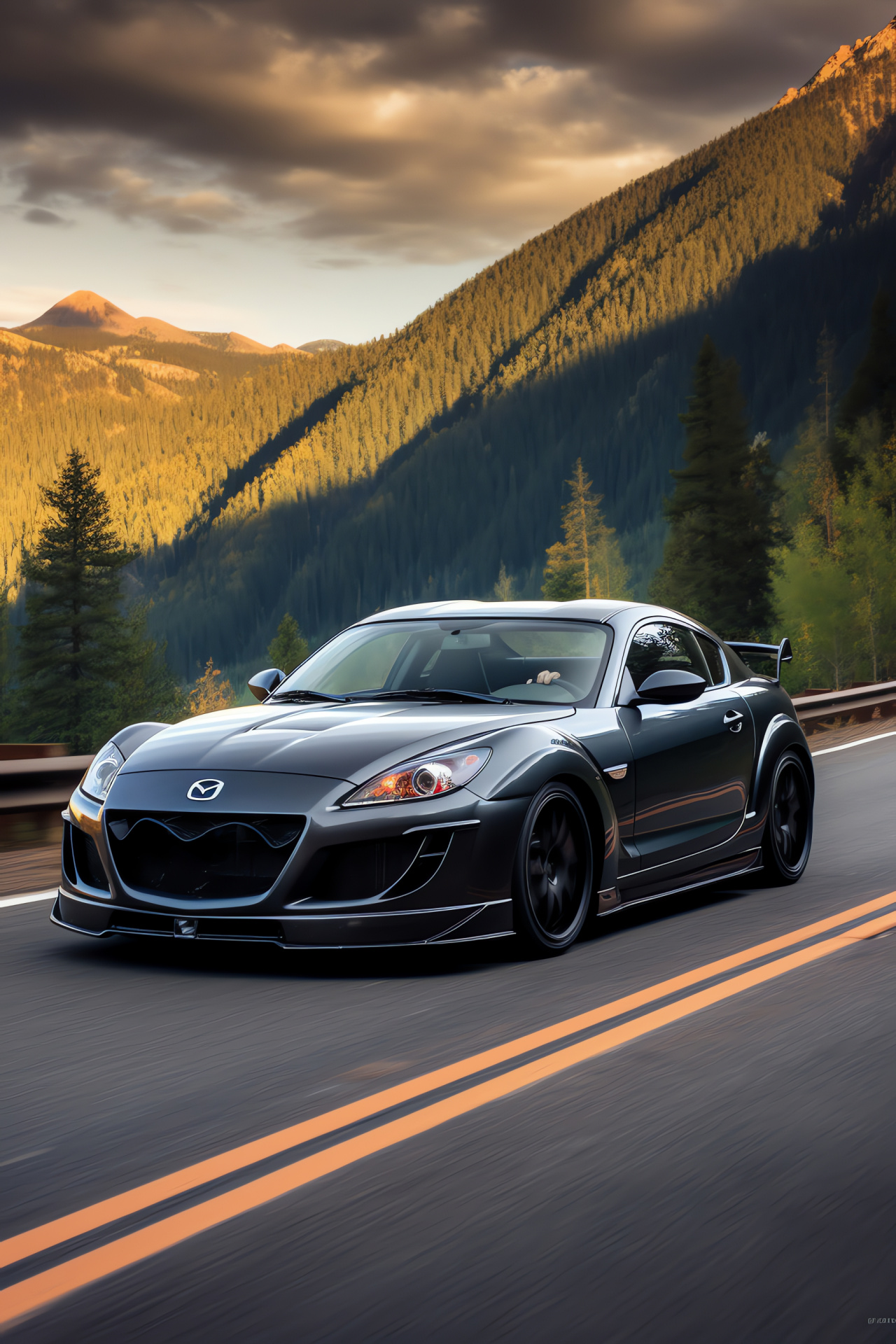 Veilside RX-8 dynamics, Mountainous driving, Rotary engine sound, Carbon fiber trim, Serpentine road agility, HD Phone Image