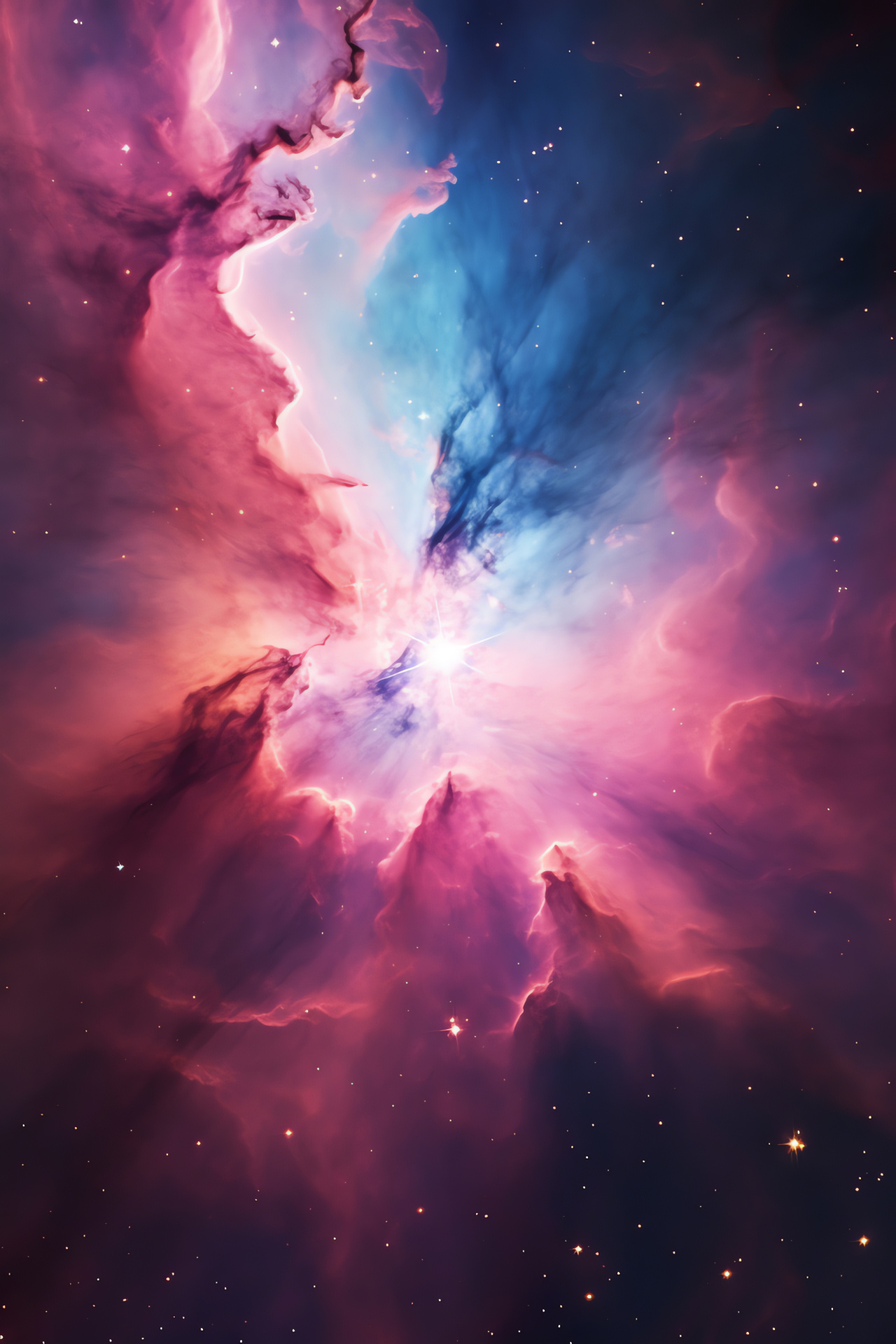 Space vista Orion Nebula, neon cosmic landscape, magenta space glow, stardust clouds, HD Phone Wallpaper