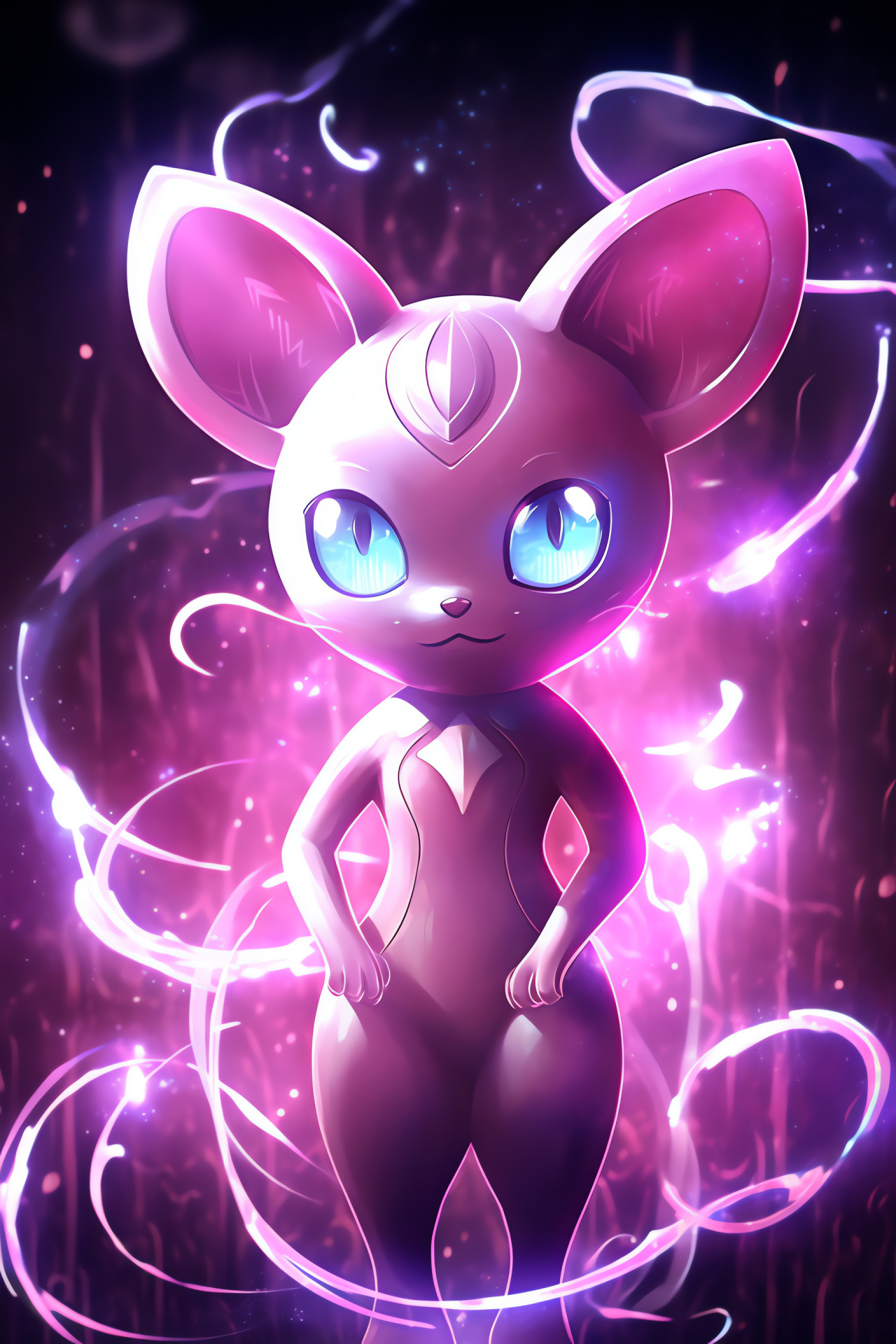 Mew creature, Psychic-species Pokemon, aerial stance, cerulean eyes, mystical presence, HD Phone Wallpaper