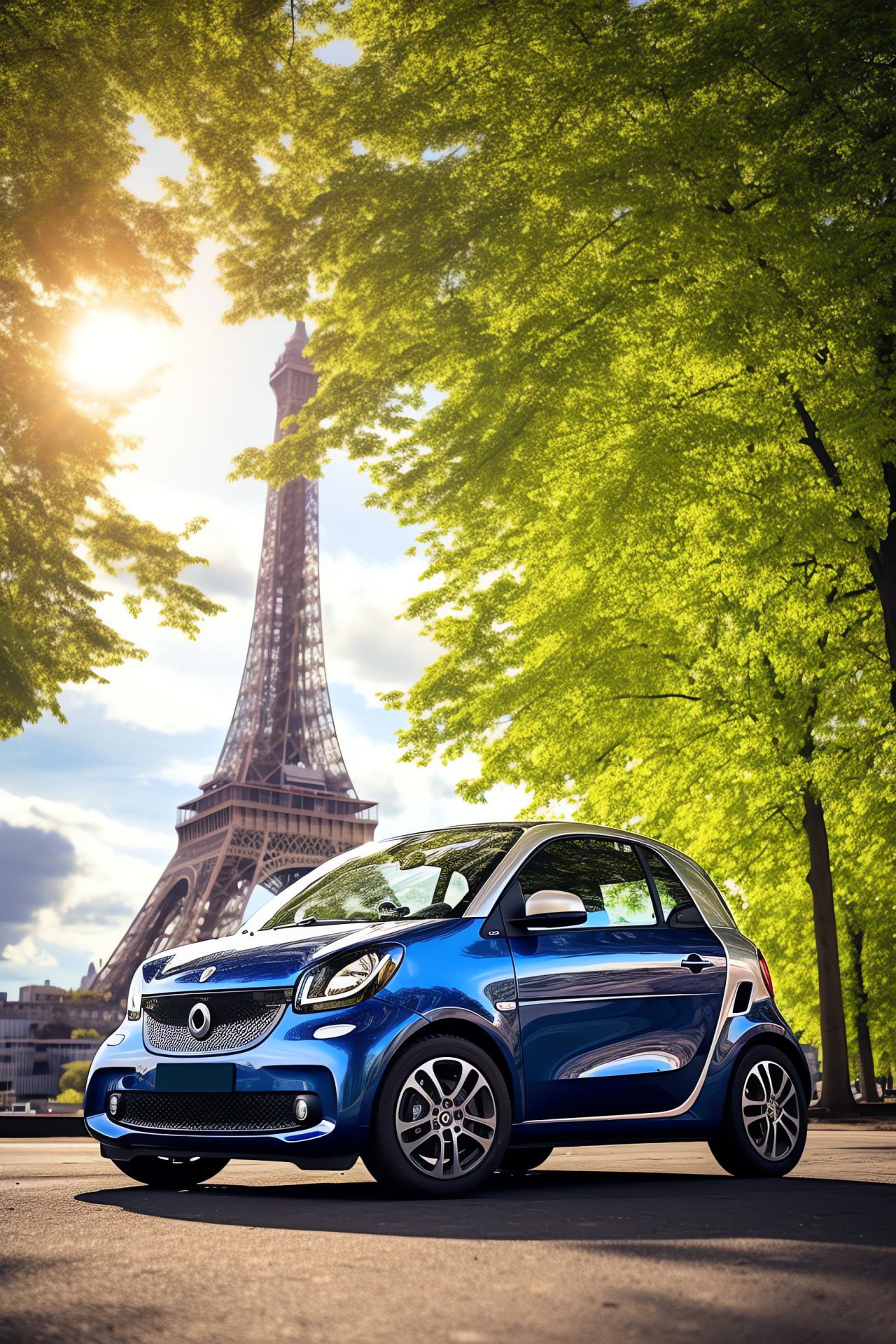 Smart Car in Paris, urban transportation, electric vehicle, Eiffel Tower backdrop, sustainable travel, HD Phone Wallpaper