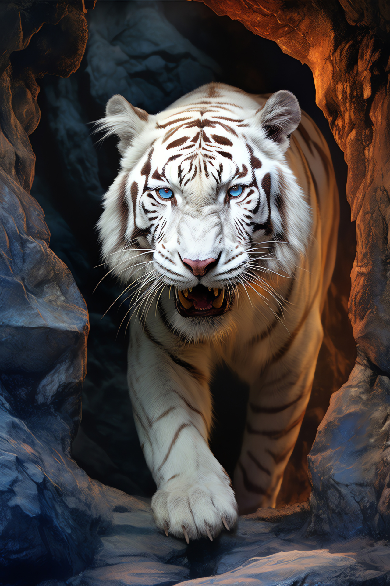 Mystical White Tiger, Enchanted feline, Striped majesty, Cave guardian, Rare animal, HD Phone Image