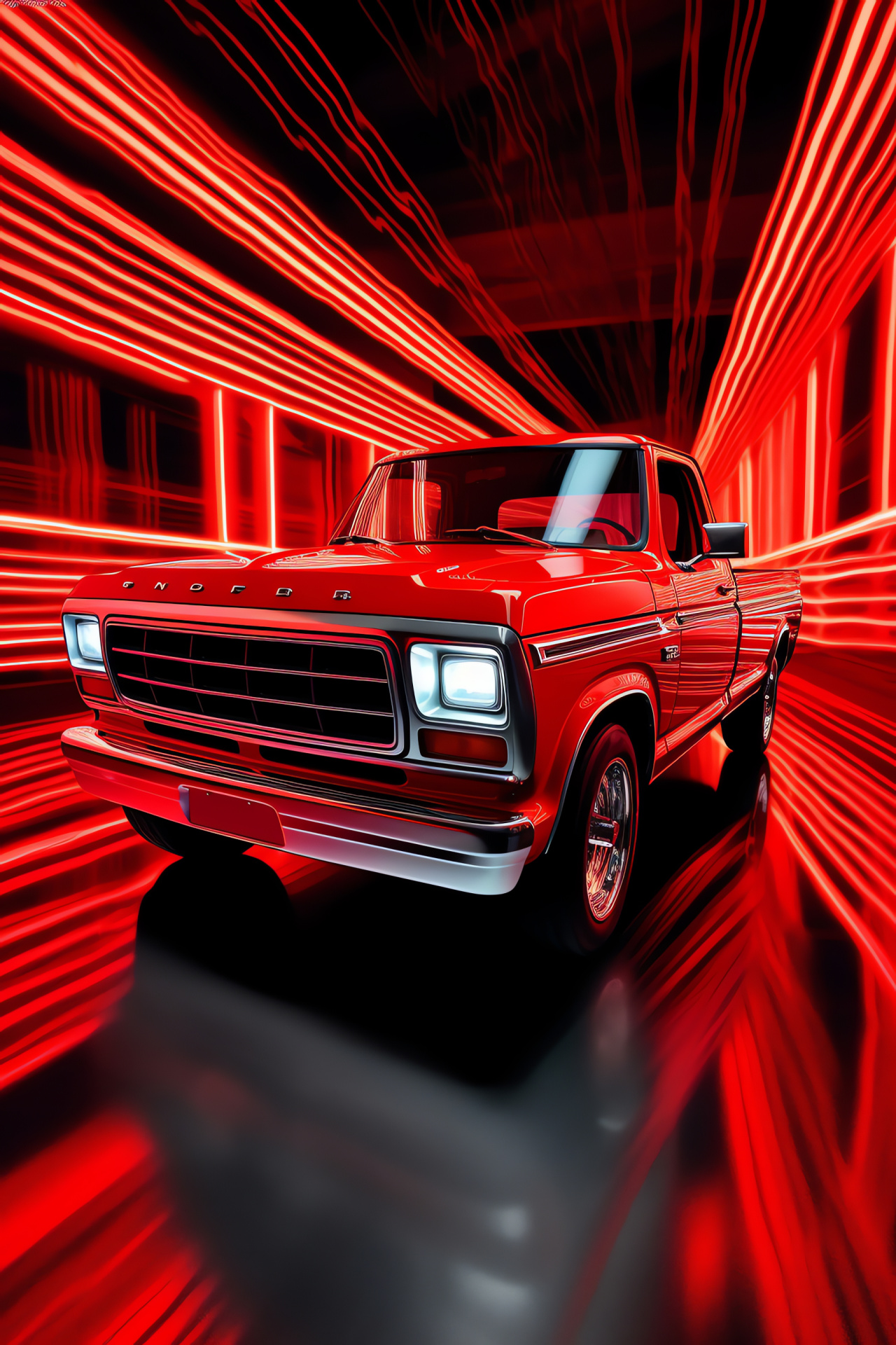 Ford F-150 depiction, elevated perspective, rich red hue, luminescent background lines, HD Phone Image