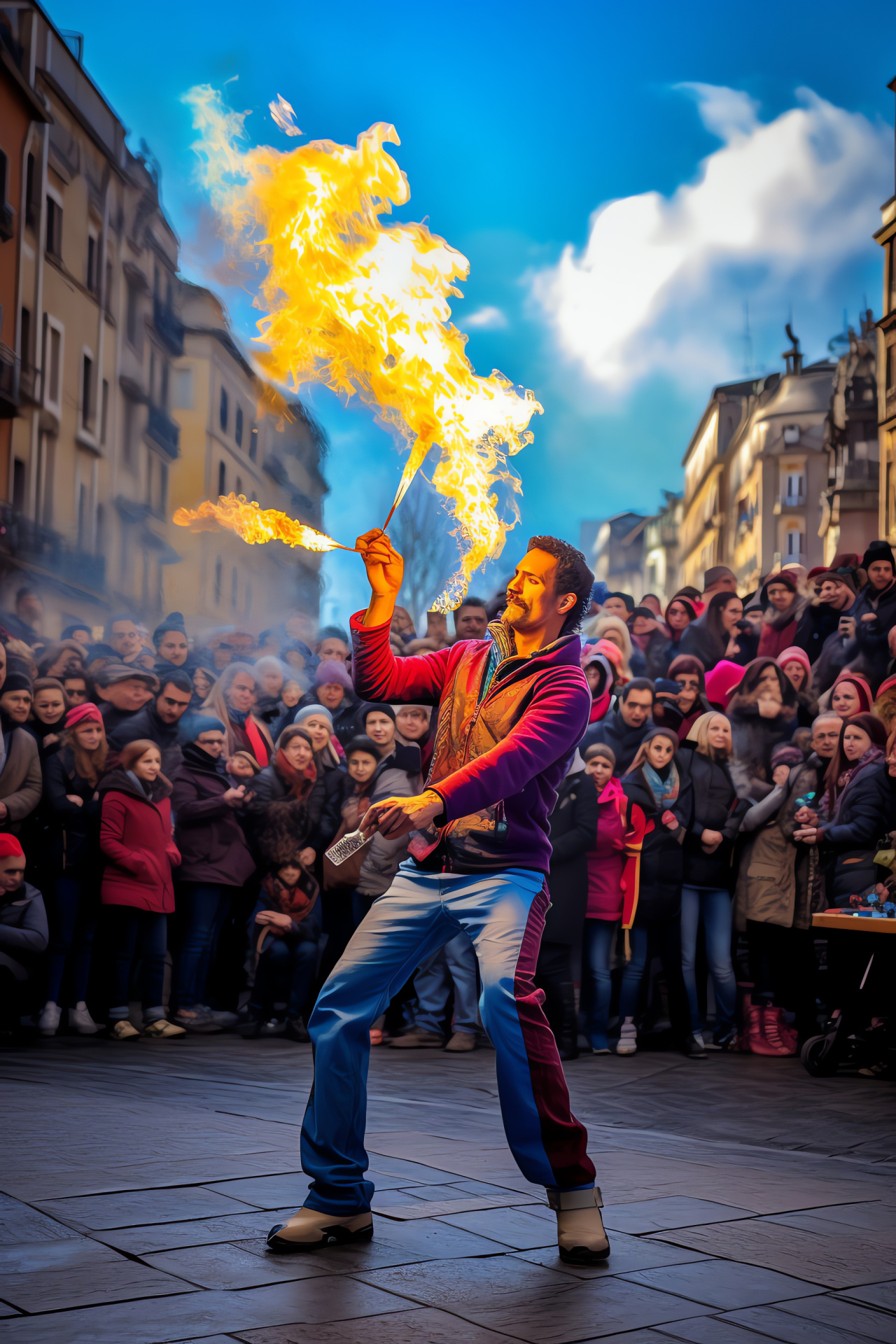 Street-side festive entertainment, Magic sidewalk shows, Acrobatic displays, Vibrant New Year's energy, Metropolitan laughter, HD Phone Wallpaper