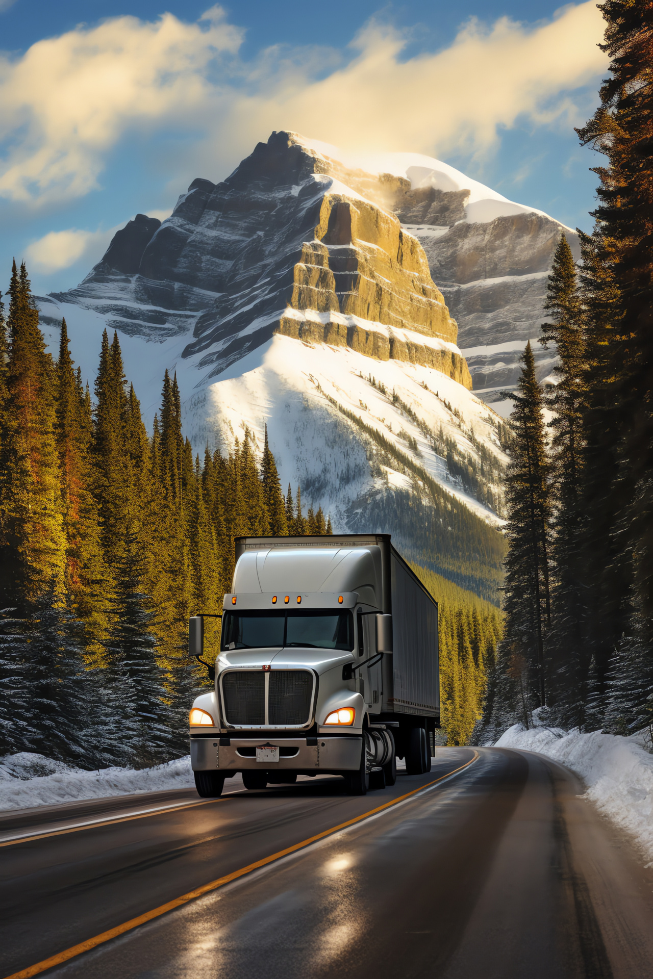 Canadian Rockies semi truck, Mountain logistics, Wintry transport, Frosty roads, Alpine environment, HD Phone Wallpaper