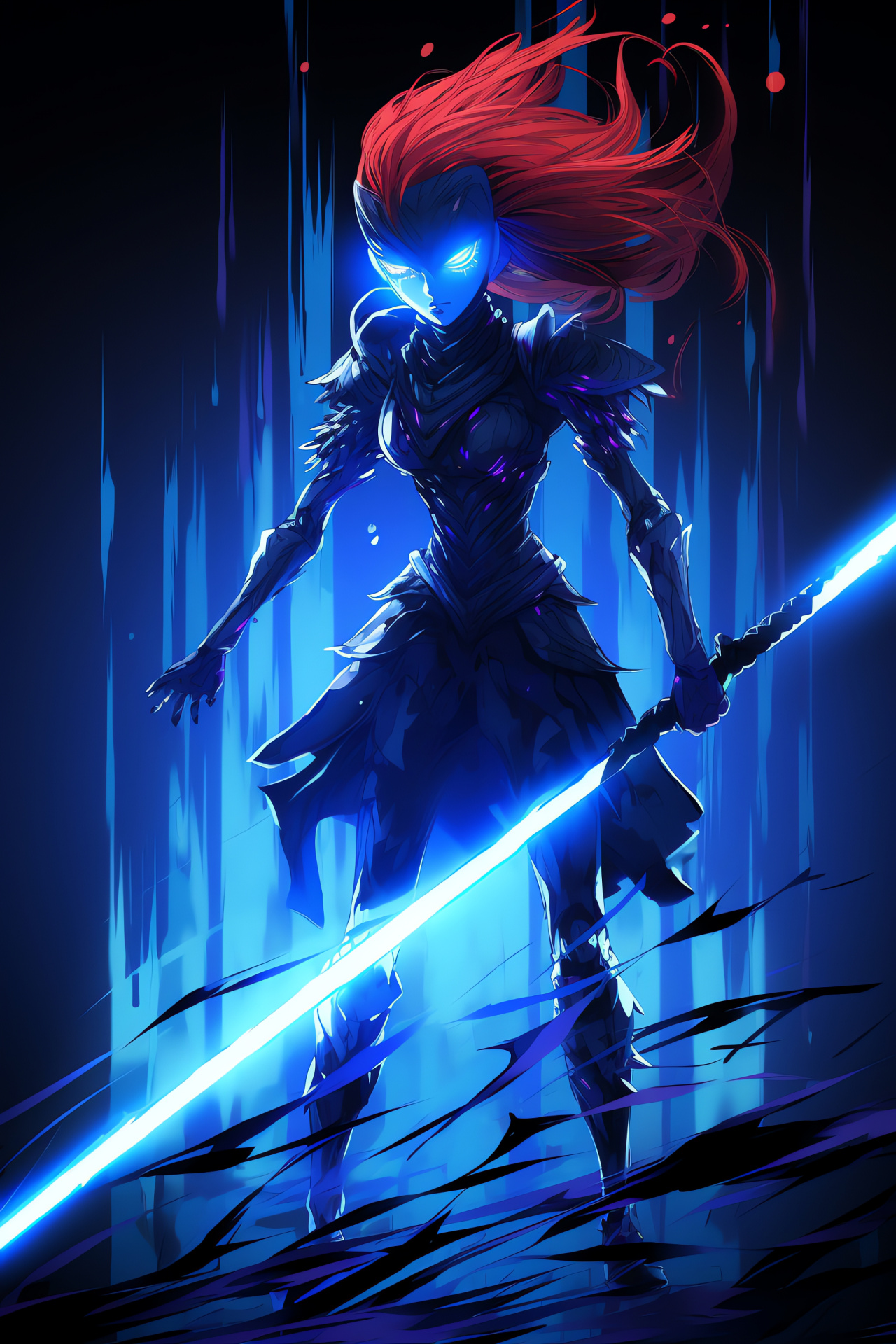 Captain Undyne Undertale, Abstract aurora, Digital gaming world, Fantasy soldier, Glowing battlefield, HD Phone Image