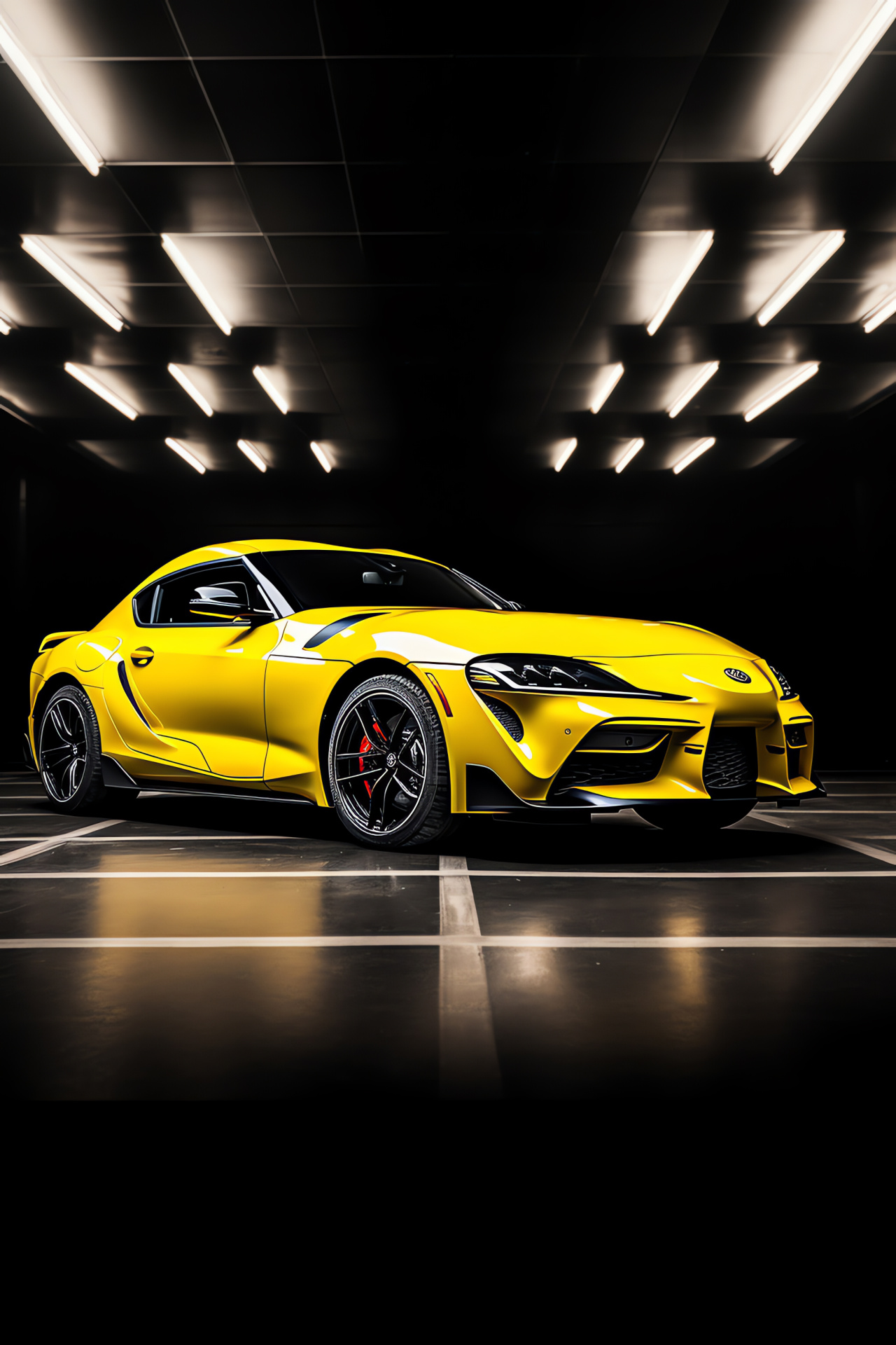 Toyota Supra A90 GR, Wide perspective, Black and yellow combination, Dual-color backdrop contrast, Racing car presence, HD Phone Image