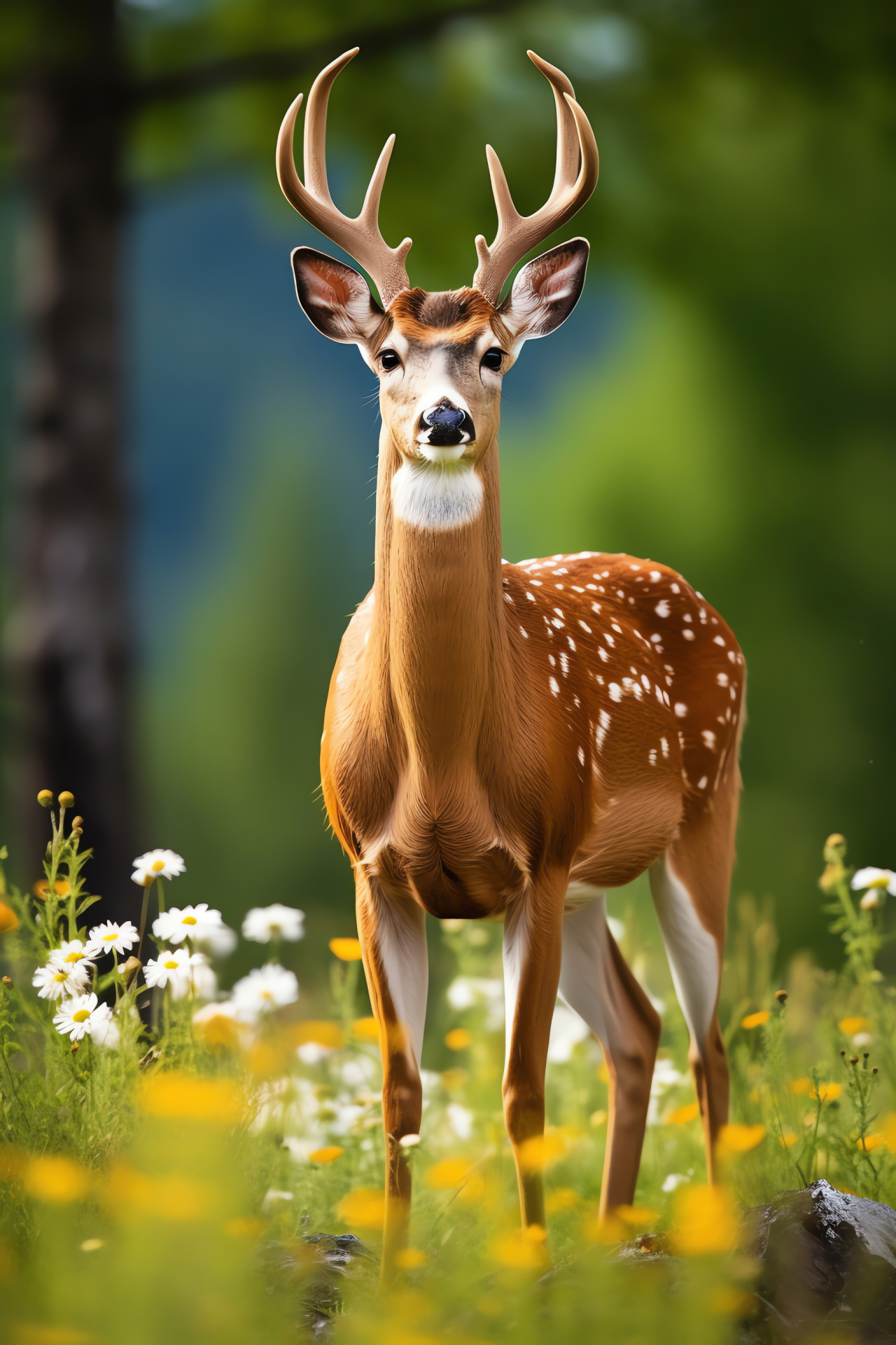 Buck Whitetail Deer, Male deer features, Youthful spotted appearance, Wild deer in greenery, Nature's woodland, HD Phone Image