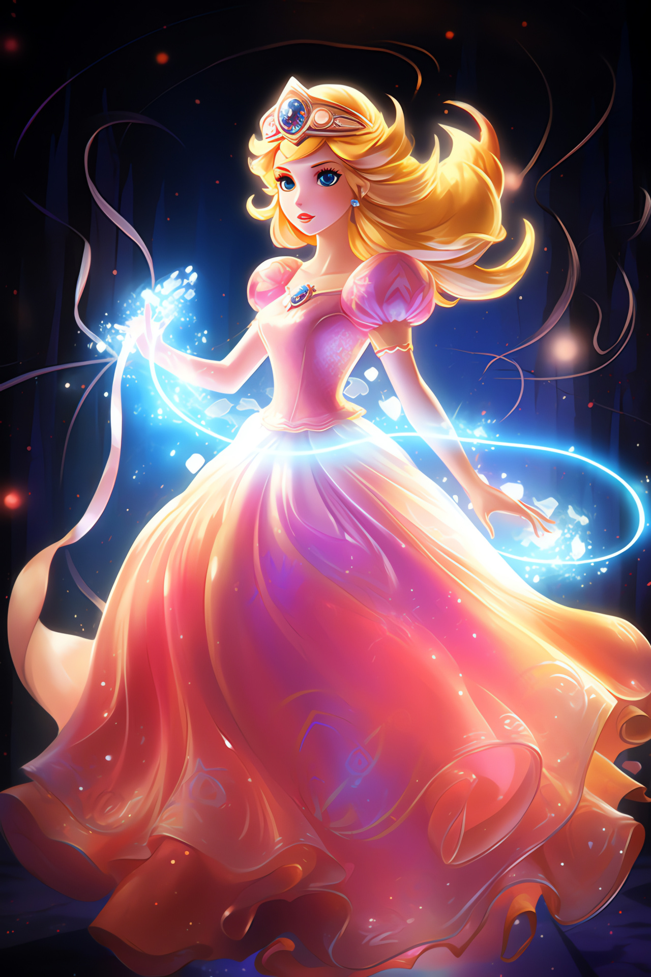 Princess Peach in battle, Animated video game scene, Power-up display, Classic Nintendo character, Family-friendly gaming franchise, HD Phone Image