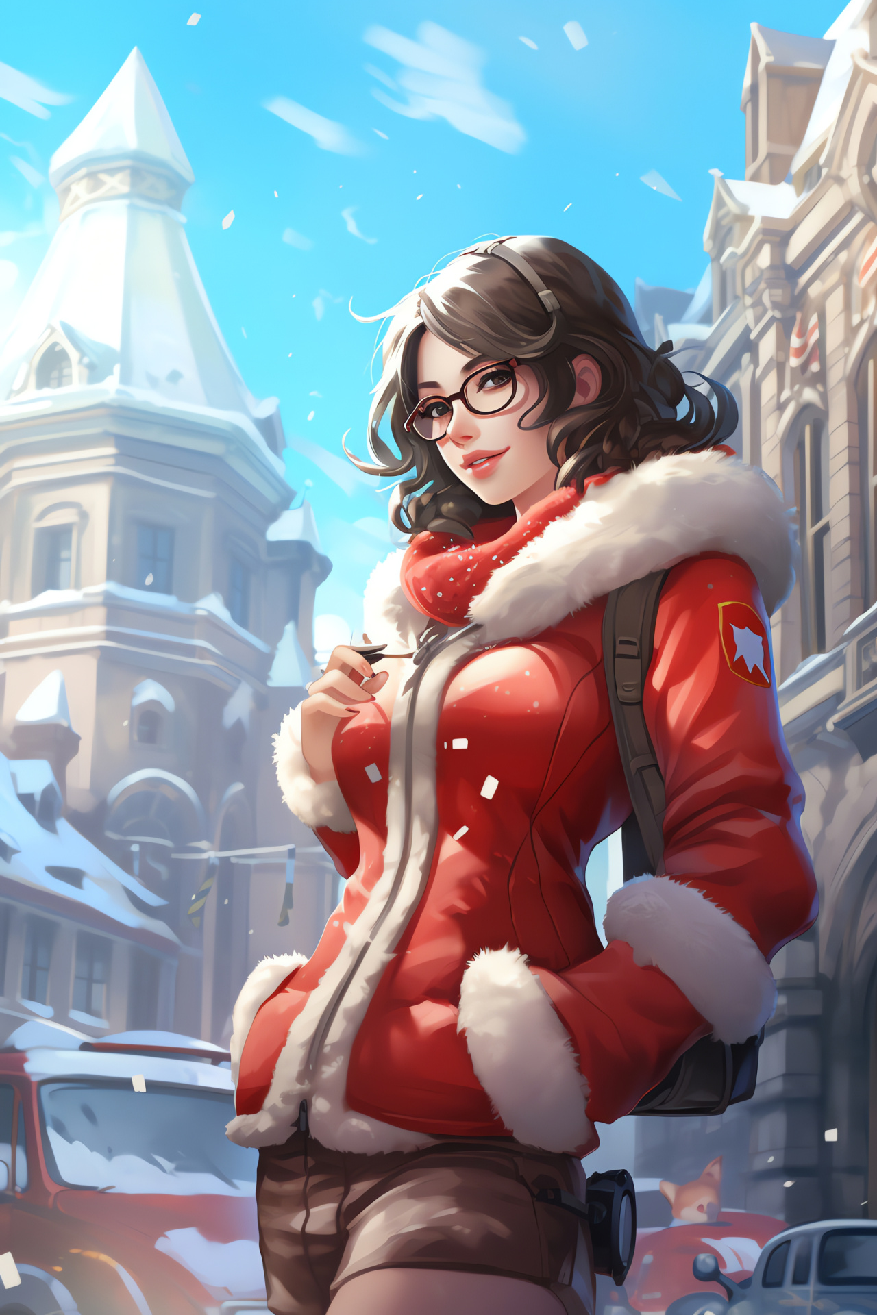 Mei atop King's Row, Overwatch's British locale, Red double-deckers below, Gothic-style architecture, Overwatch map scene, HD Phone Image