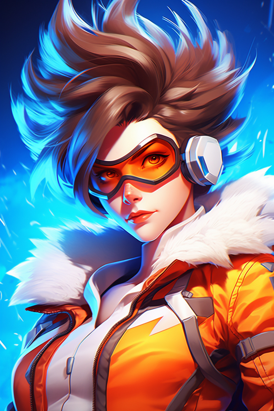 Cyber athlete Tracer, Game heroine, Sapphire glance, In-motion portrayal, Spiked hairstyle, HD Phone Wallpaper