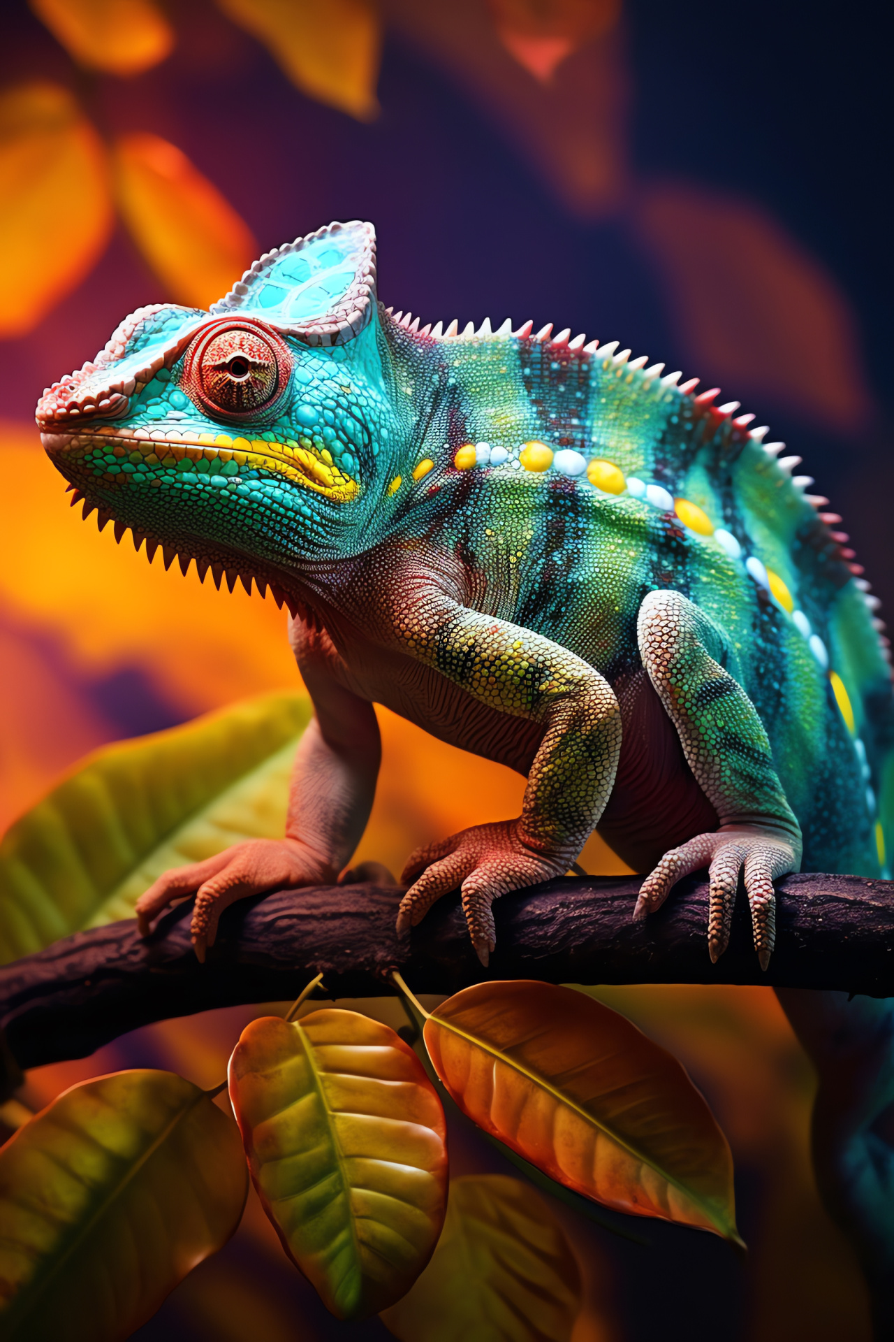 Veiled chameleon, multicolor backdrop, reptile adaptation, intricate crests, dynamic eyes, HD Phone Image