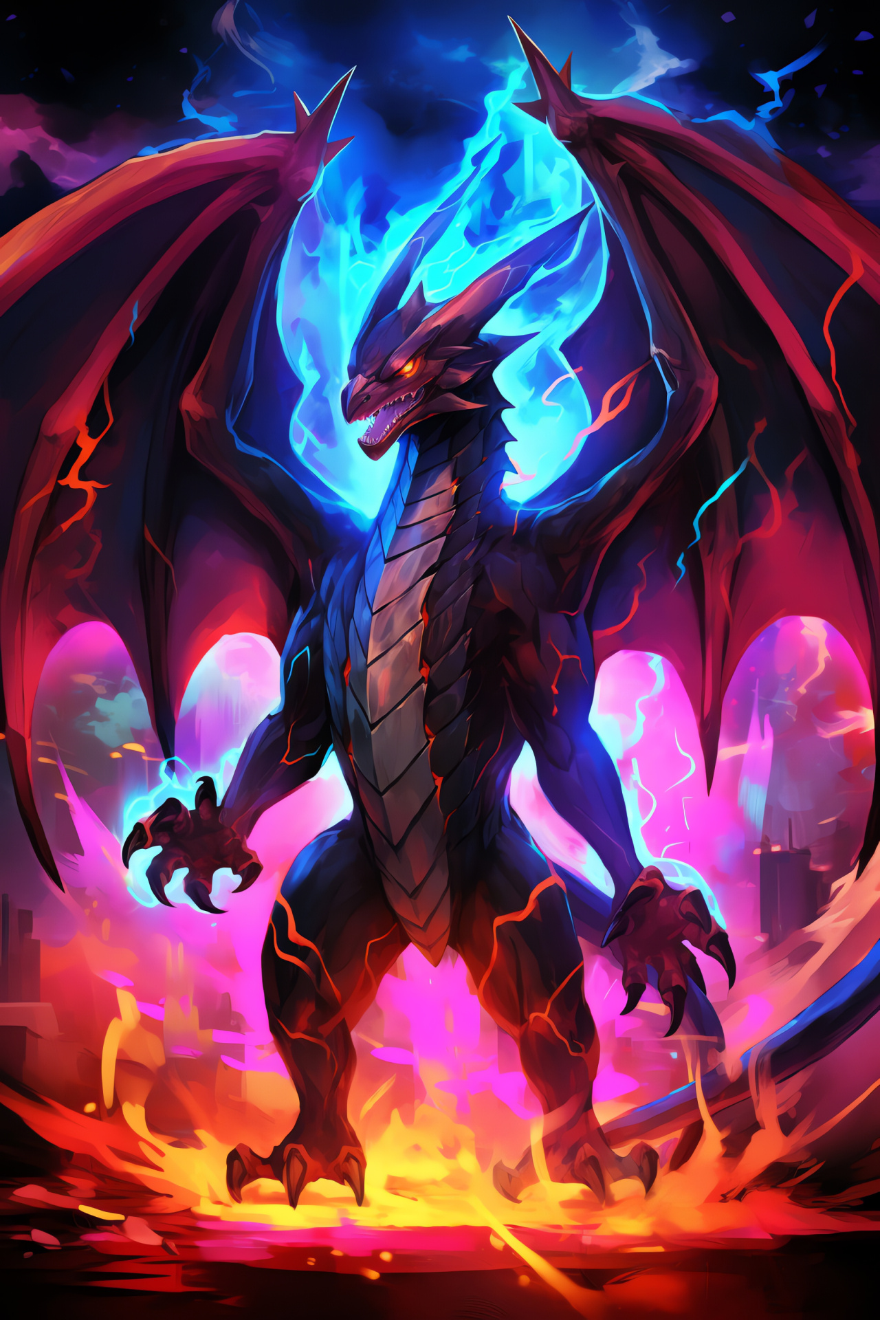 Charizard's blaze, Searing scales, Cobalt stare, Winged silhouette, Fiery emanation, HD Phone Wallpaper