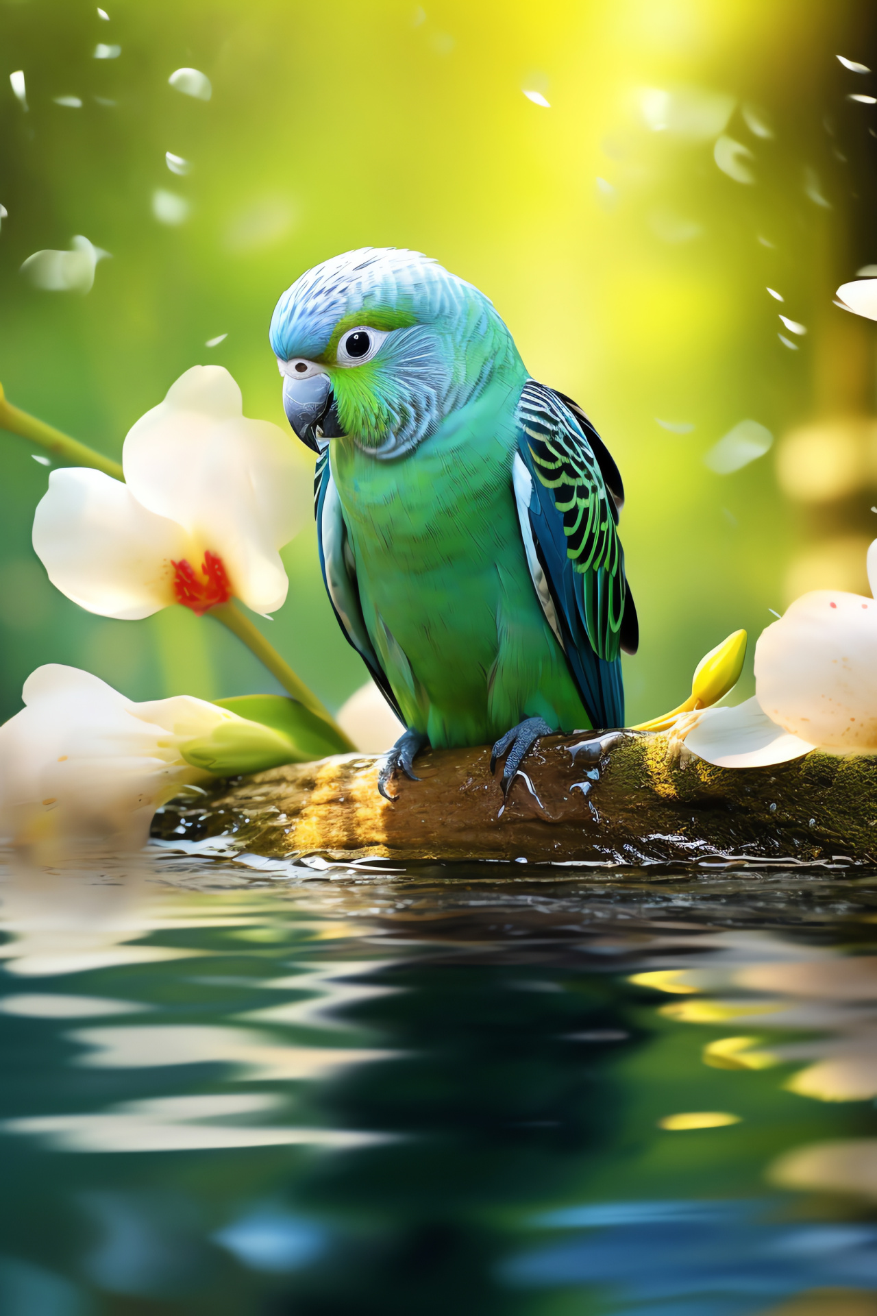 Parakeet, Cyan bird species, Avian aquatics, Ornithology enthusiast, Garden pond setting, HD Phone Image