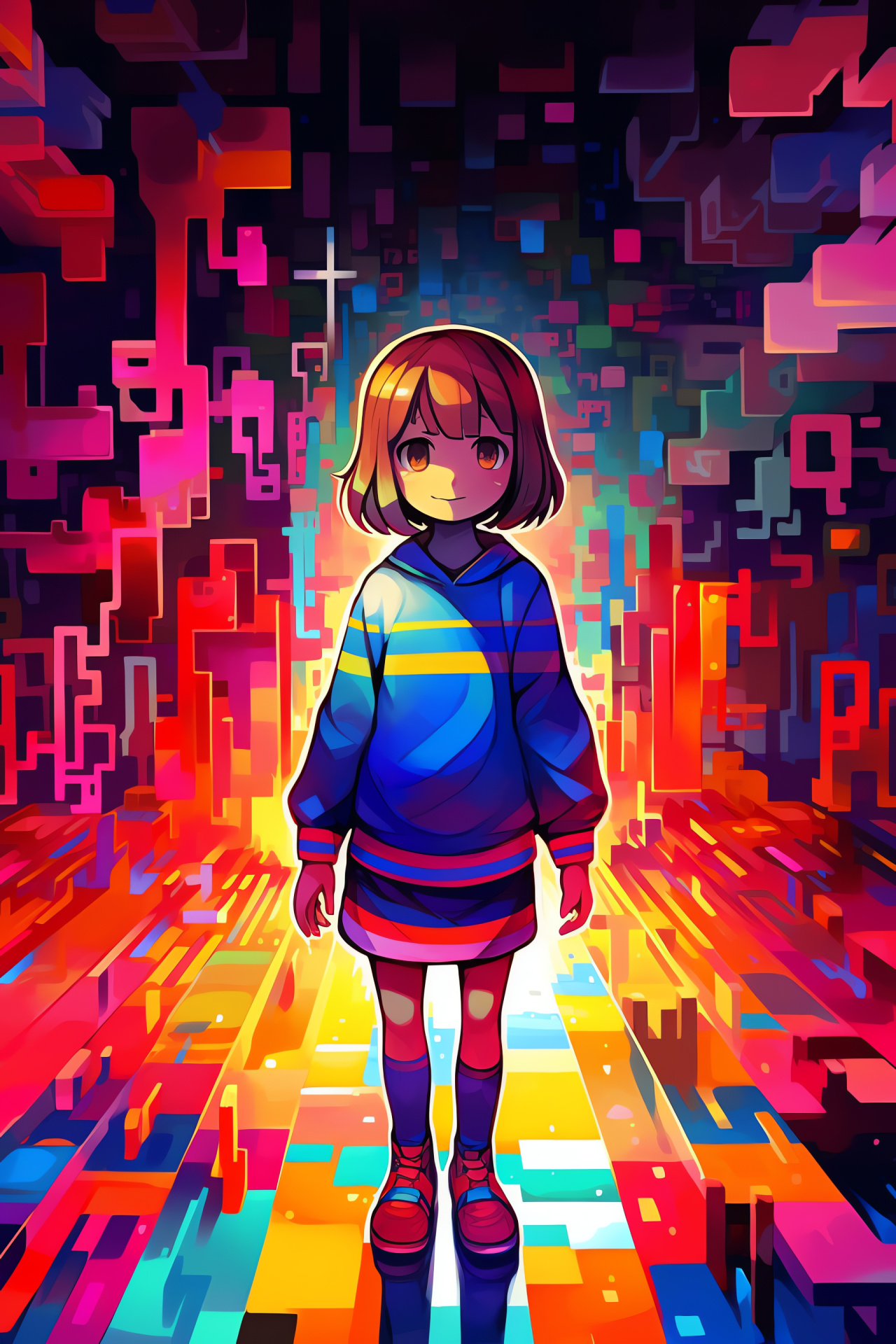 Iconic Frisk, Undertale protagonist, Yellow-eyed stare, Black-striped top, Game character design, HD Phone Image