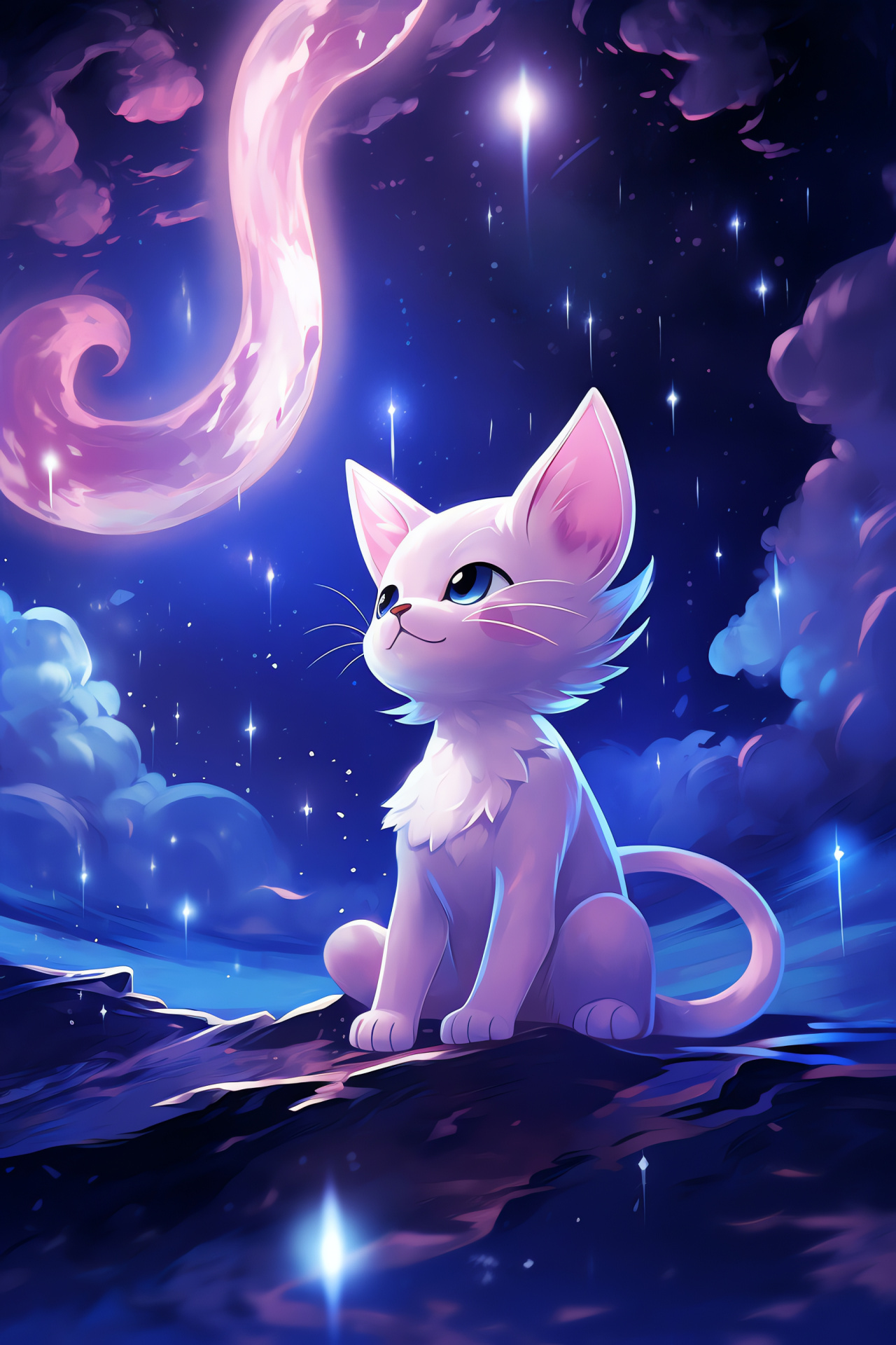 Elusive Mew flight, Legendary Pokmon, Nighttime sky, Sprinkled stardust, Dreamlike journey, HD Phone Image