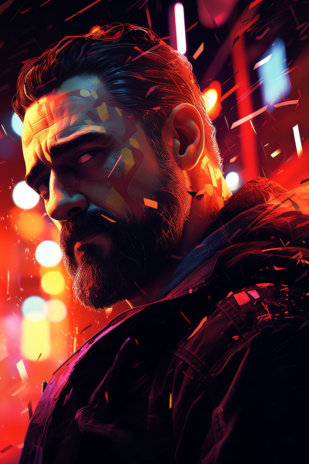 Negan portrait, neon cyberpunk aesthetic, villainous leader, post-apocalyptic survivor, sci-fi environment, HD Phone Image