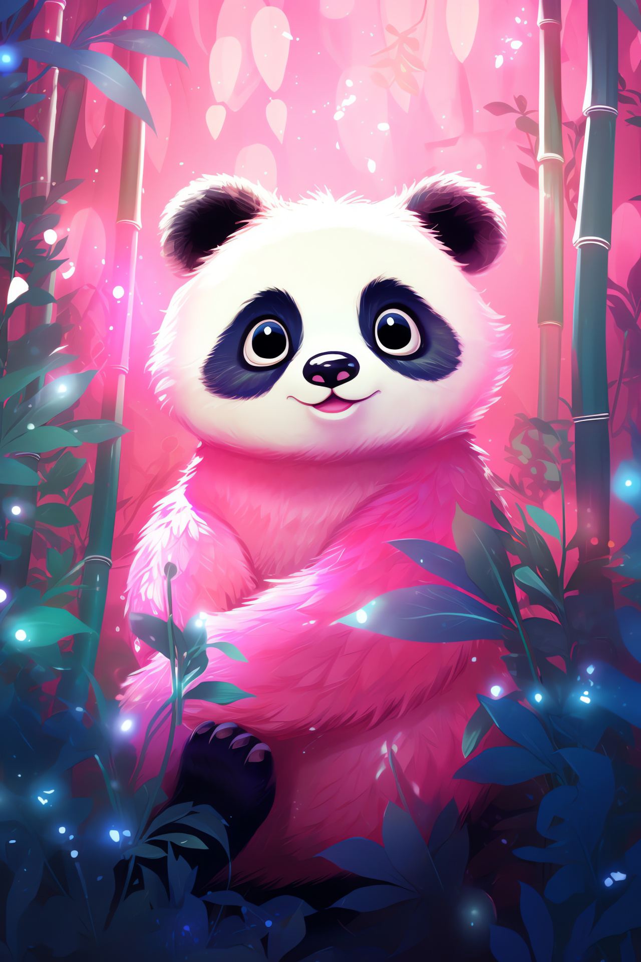 Cheerful Pink Panda, Bright fur coat, Twinkling eyes, Fluffy panda softness, Cub-like features, HD Phone Image