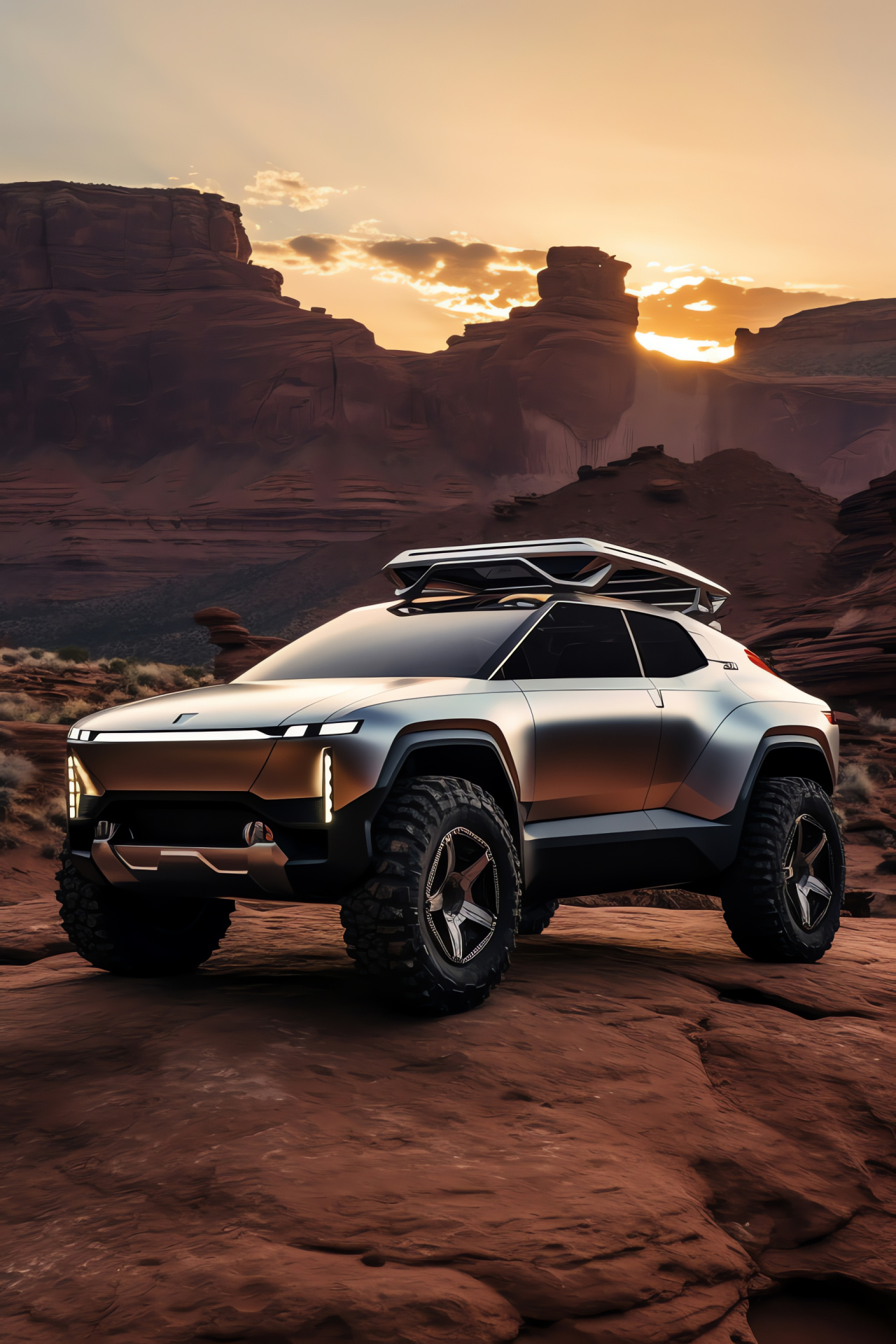 Tesla Cybertruck, Grand Canyon adventure, Durable electric design, Rugged stainless structure, Off-road suitability, HD Phone Image