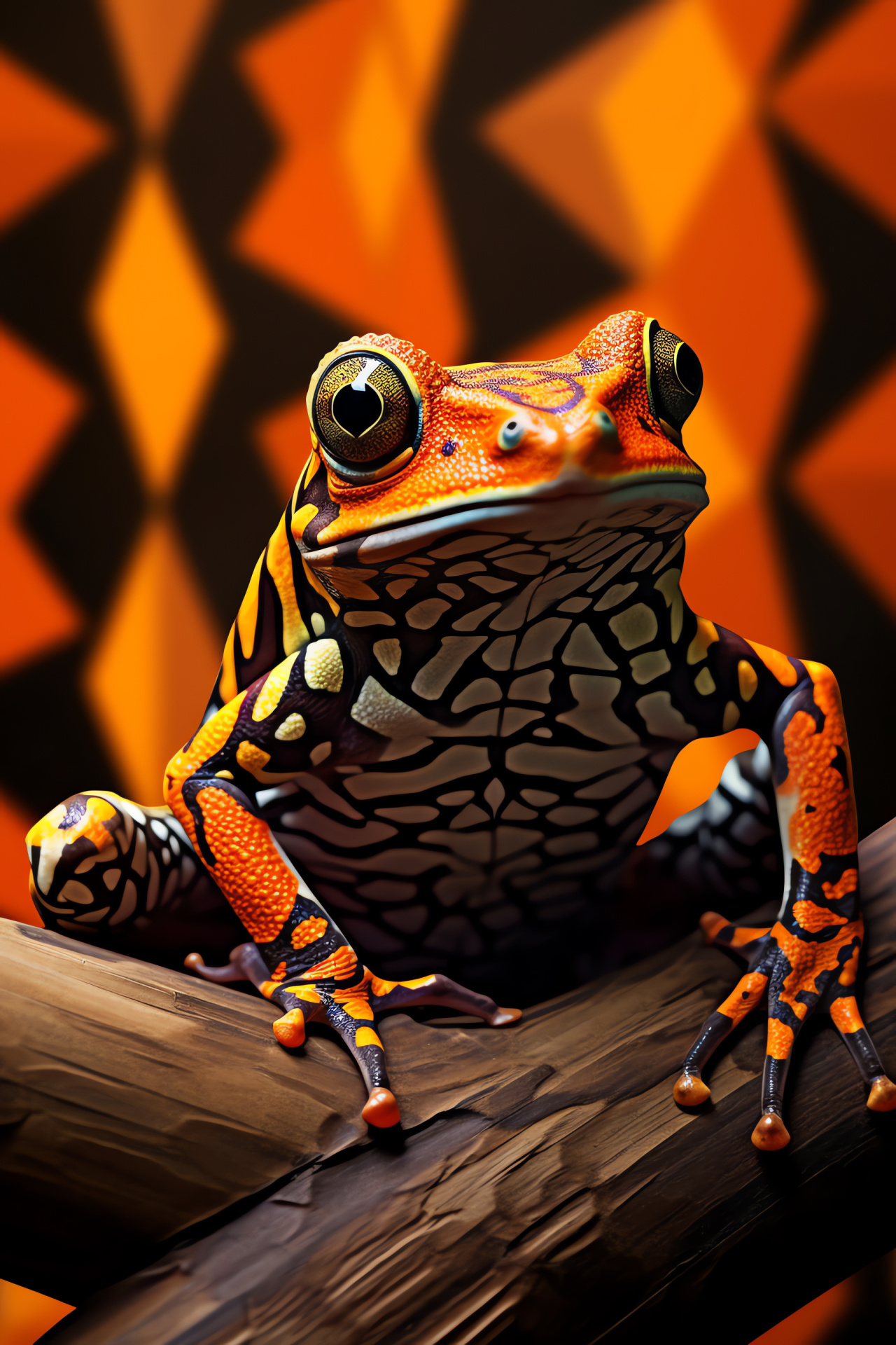 Amphibian, Tree Frog display, orange and black texture, twisted flora, patterned environment, HD Phone Image