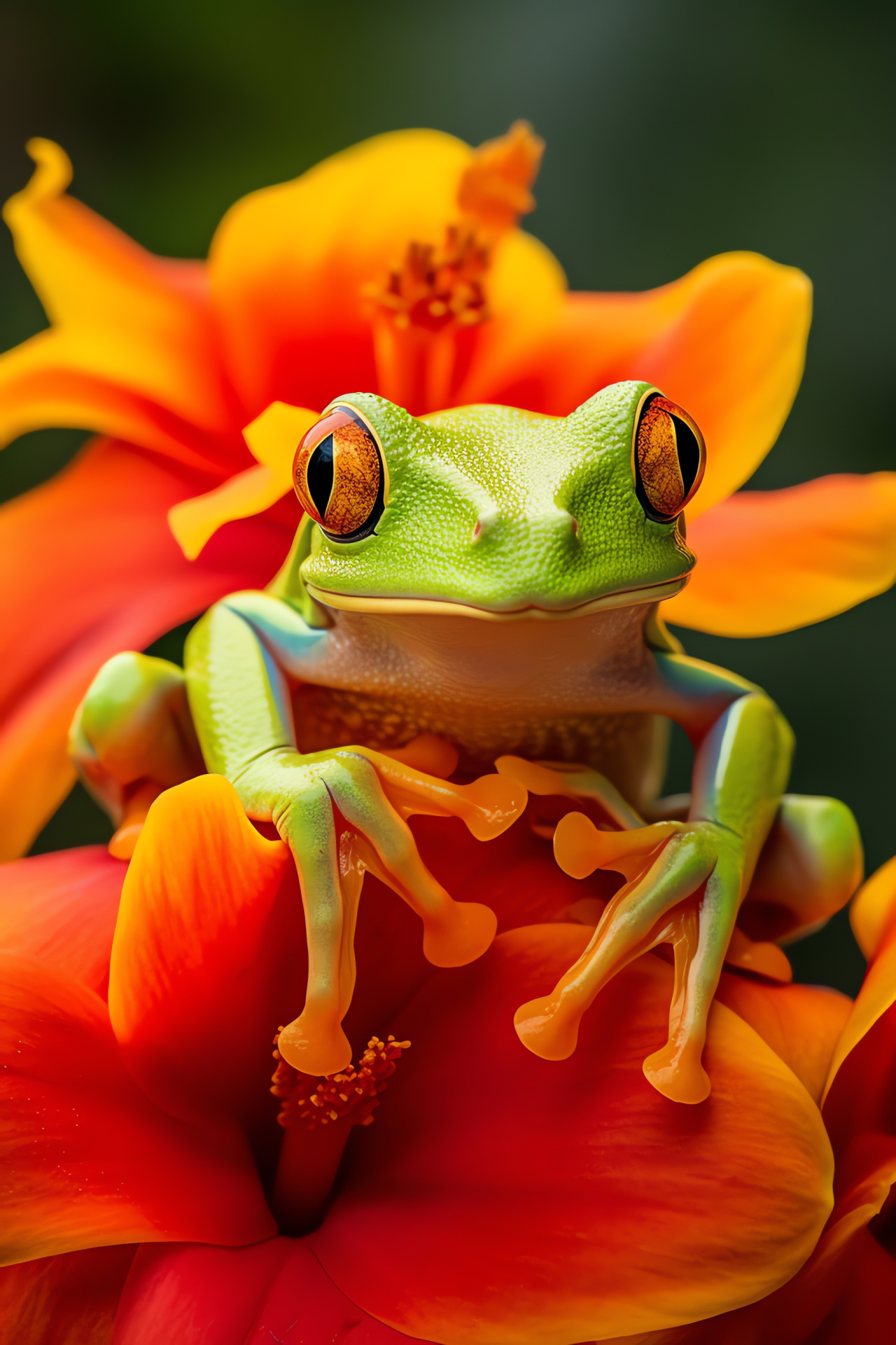 Inquisitive Tree Frog, Viridian stare, Crimson skin, Sunny complexion, Tropical blossom, HD Phone Image