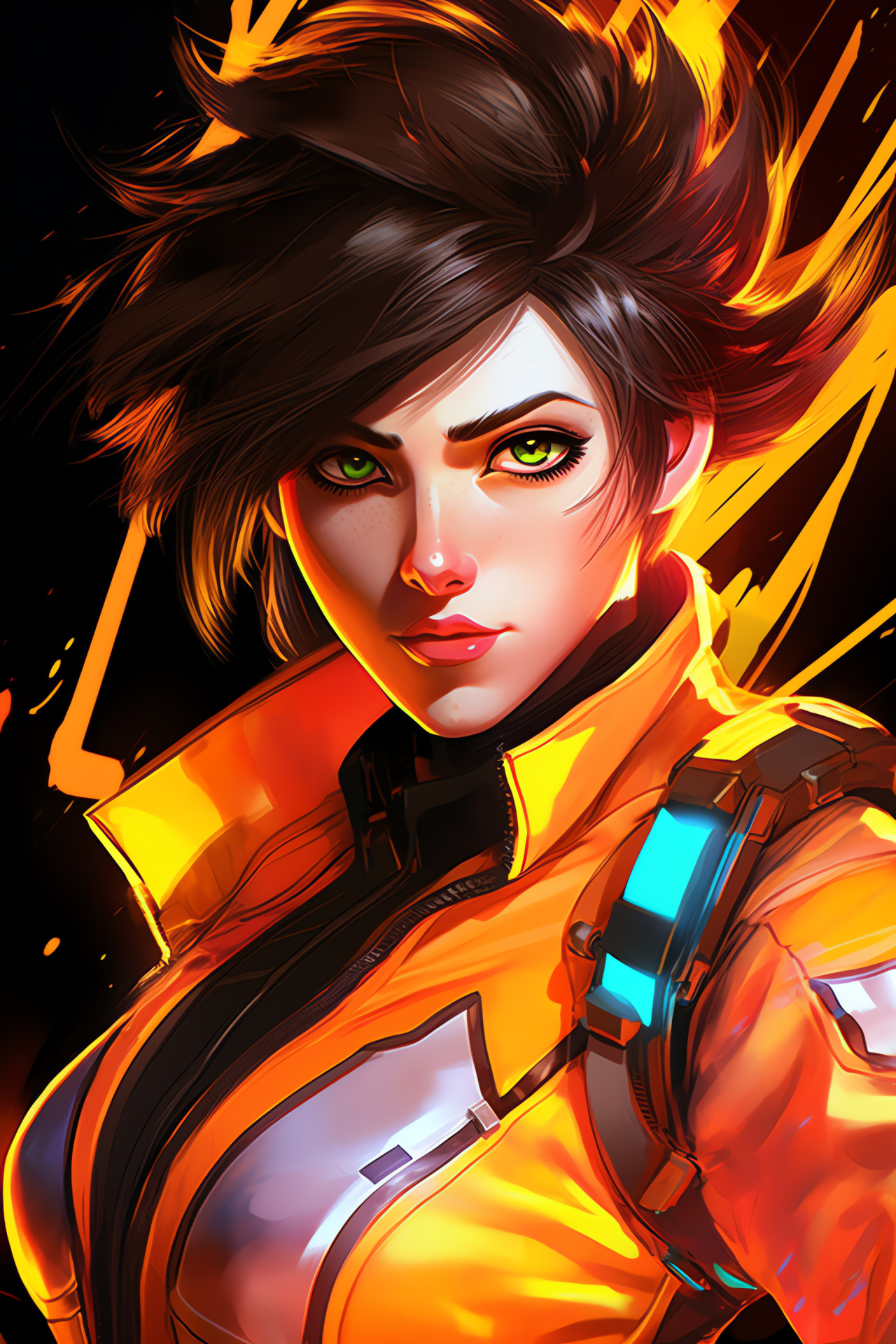 Tracer close view, Overwatch gear, Pulse pistols, Heroic stance, Blizzard game character, HD Phone Image