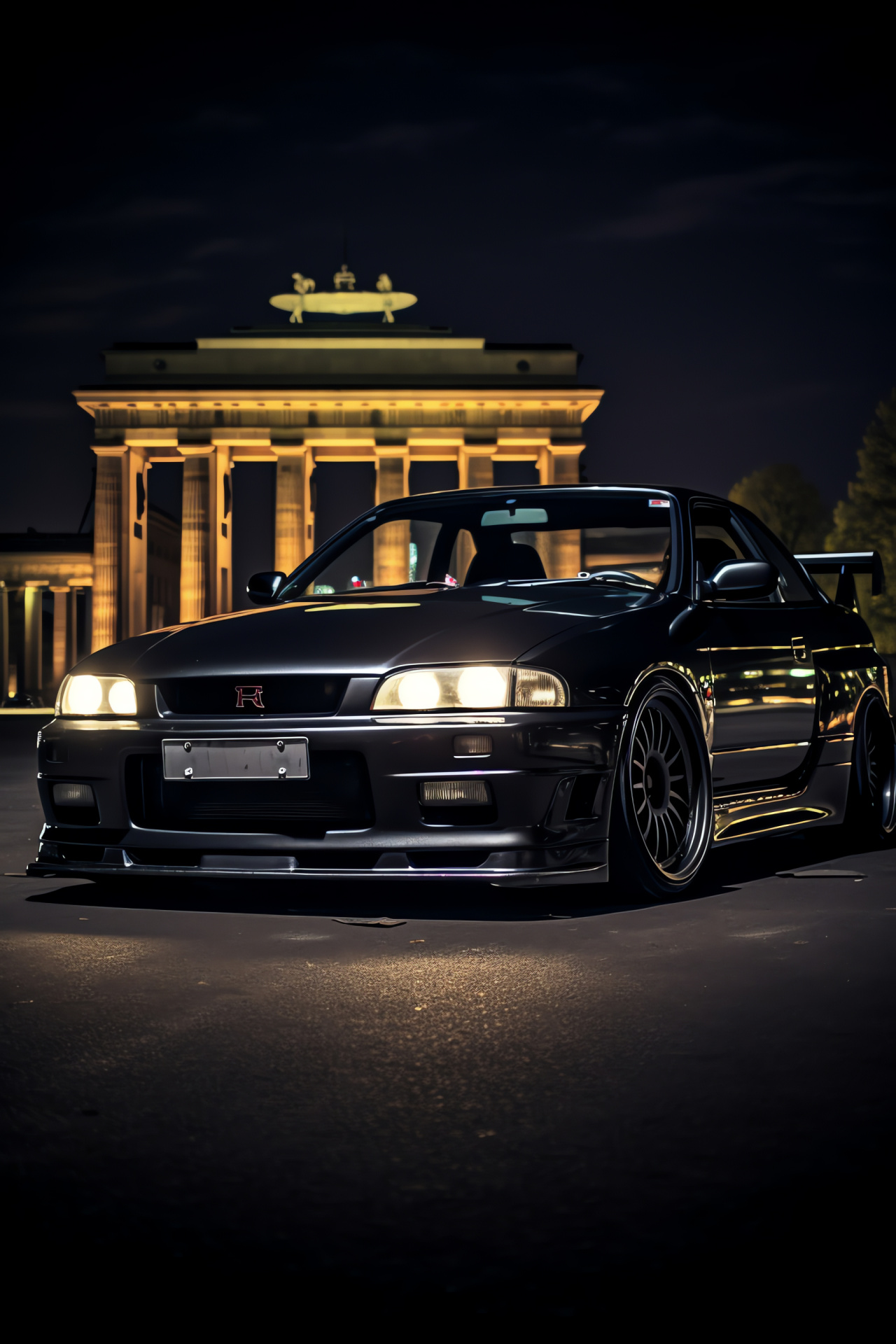 Nissan Skyline R32 GTR, German capital landmark, matte black auto, Berlin architecture, Cold War symbol, HD Phone Image