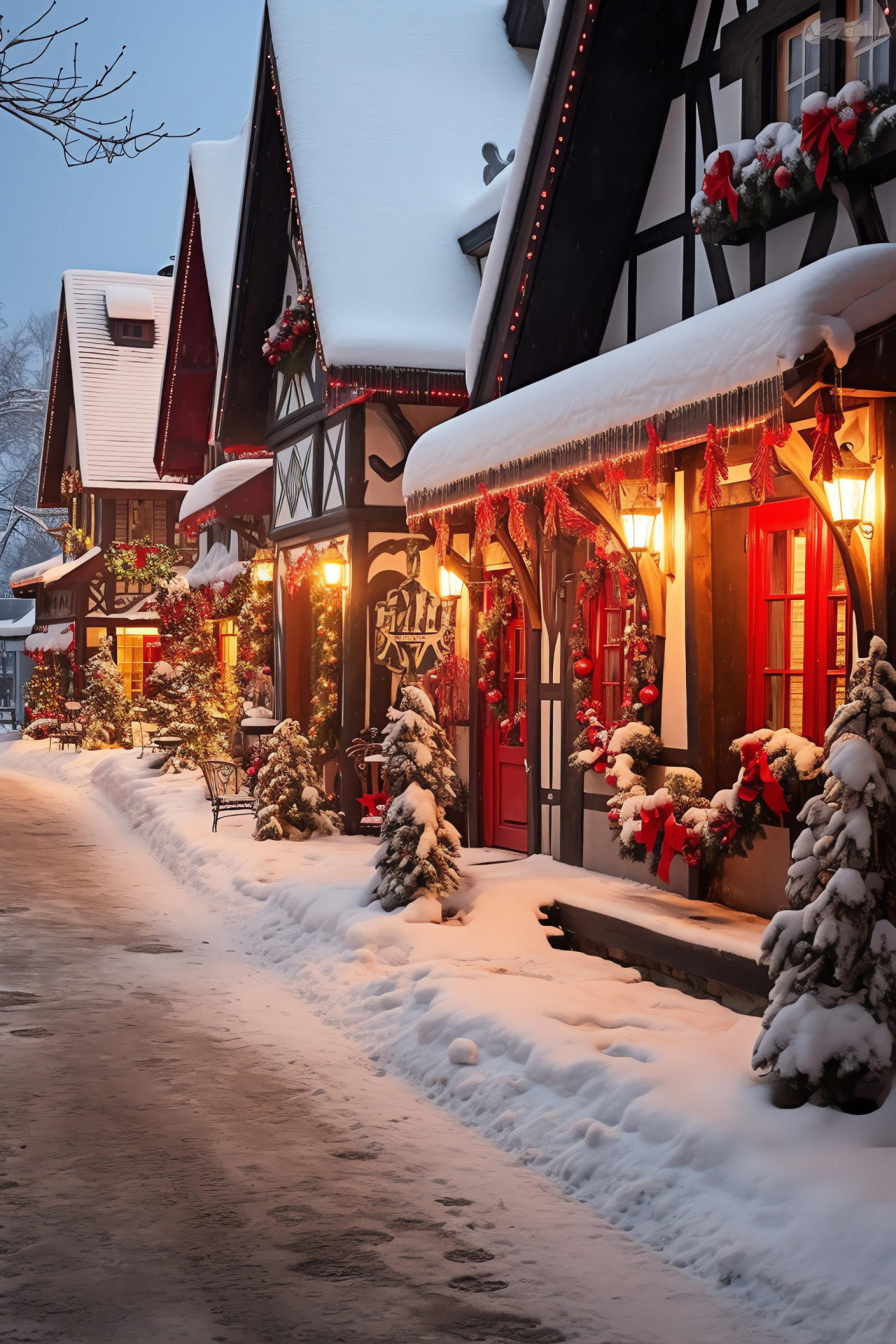 Picturesque Yule hamlet, Snowy envelopment, Multicolored dwellings, Wintertime charm, Seasonal village, HD Phone Image