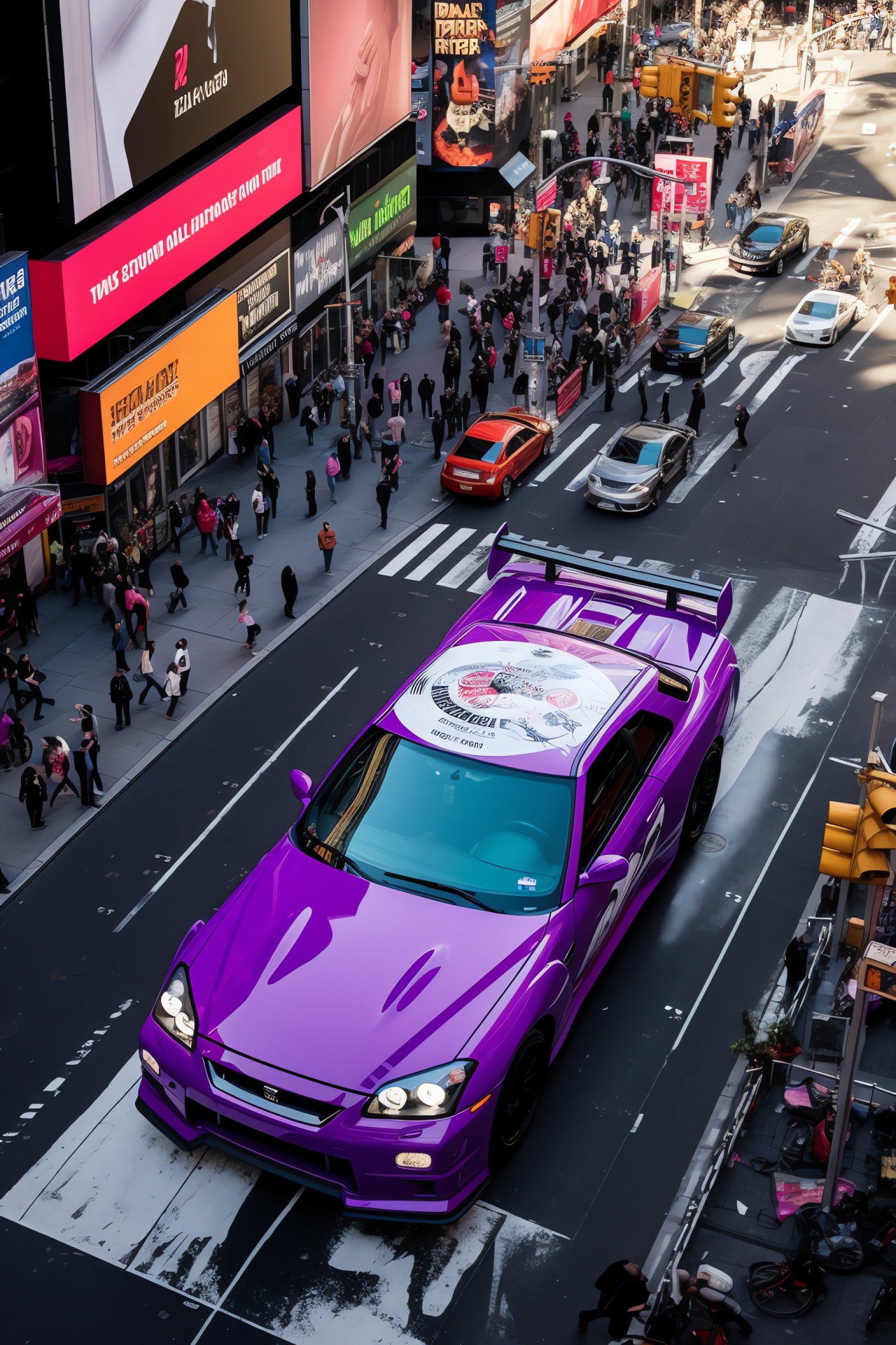 Nissan Skyline GTR R33, New York City, Times Square, purple paint, Manhattan skyline, HD Phone Wallpaper