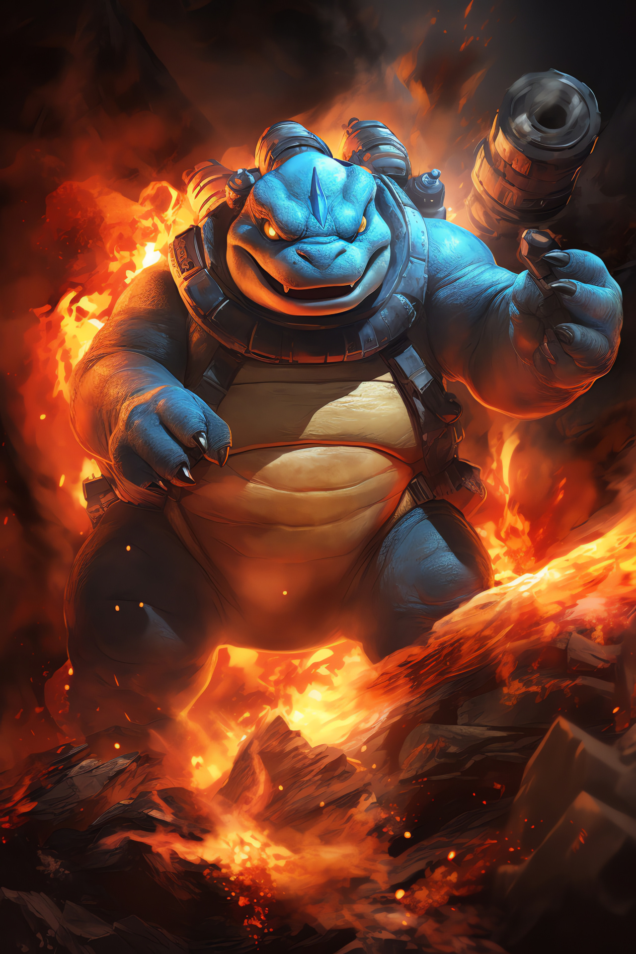 Volcanic Blastoise, Shellfish Pokemon, Surrounded by flames, Adapted to heat, Intense battle, HD Phone Wallpaper