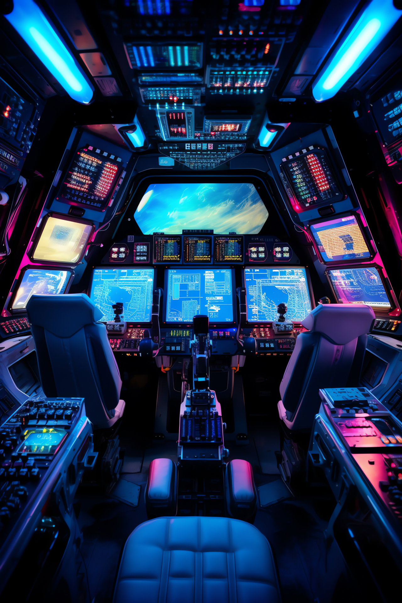 Pilot cockpit, Shuttle controls, Neon instrument lights, Command interfaces, Tactile activators, HD Phone Wallpaper