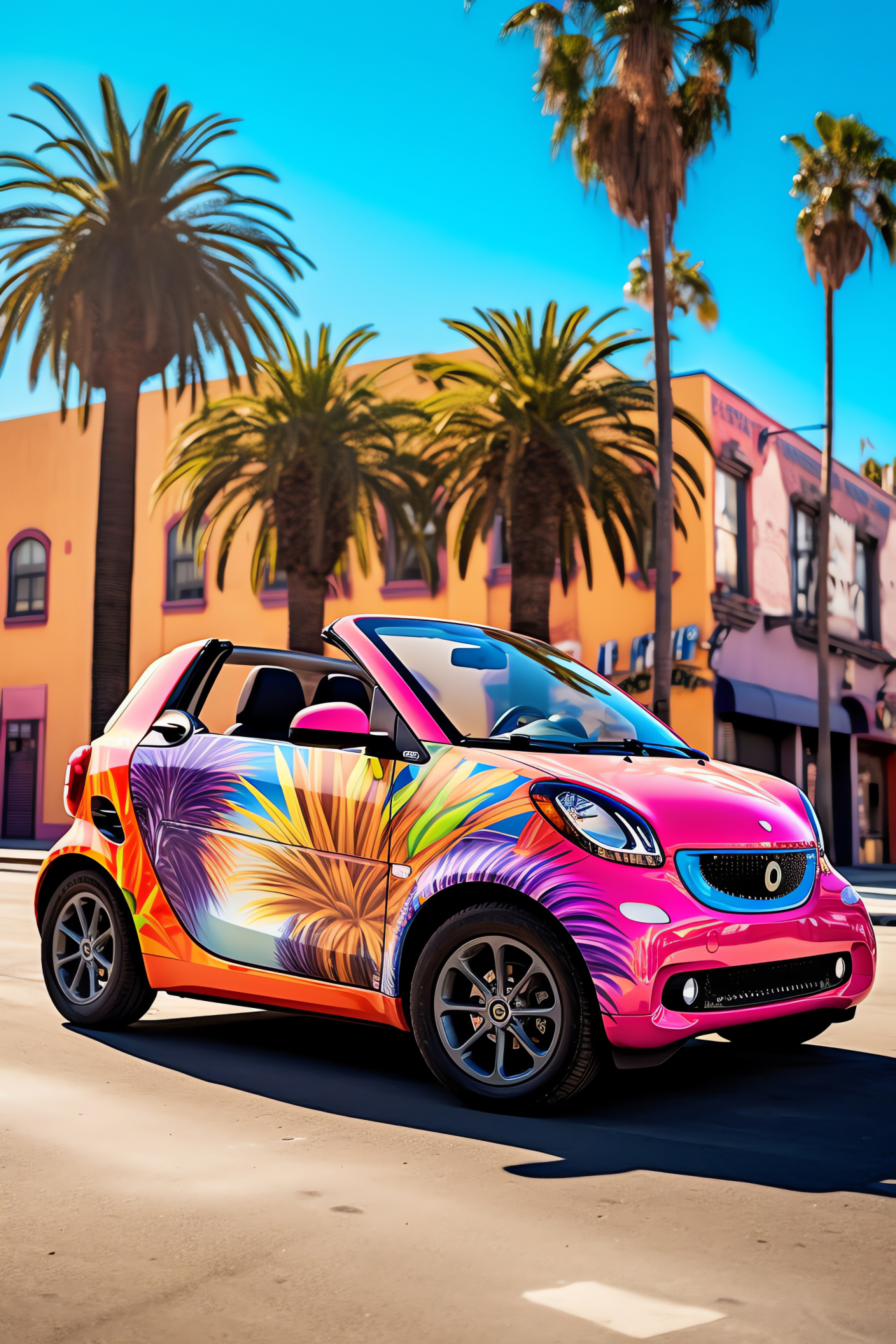 Smart Car Los Angeles, Urban electric vehicle, Street murals, California leisure, Tropical urban scenery, HD Phone Wallpaper