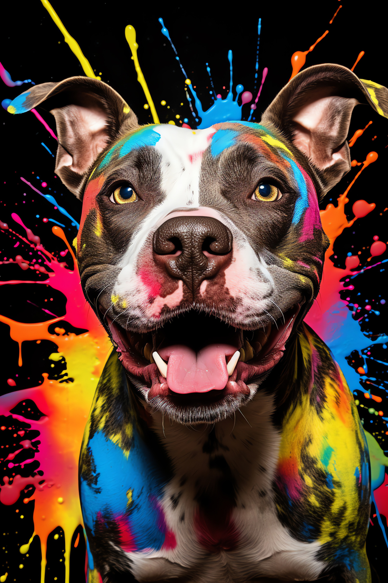 Engaging Pitbull, Playful Pup, Close-up Canine, Domesticated Dog, Three-tone Aura, HD Phone Image