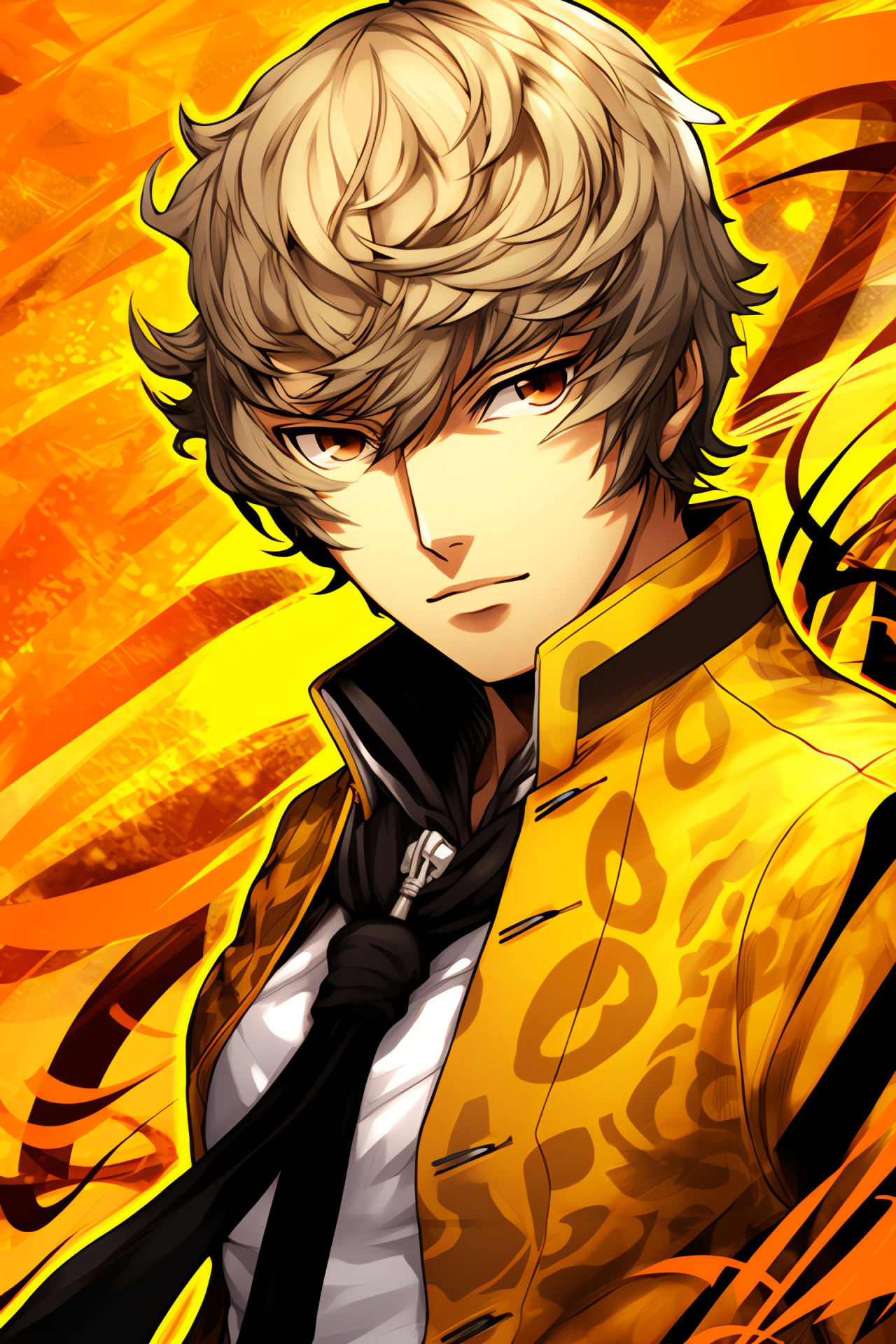 Persona 4 Golden character, Vibrant golden eyes, Character height specification, Relaxed character pose, HD Phone Wallpaper