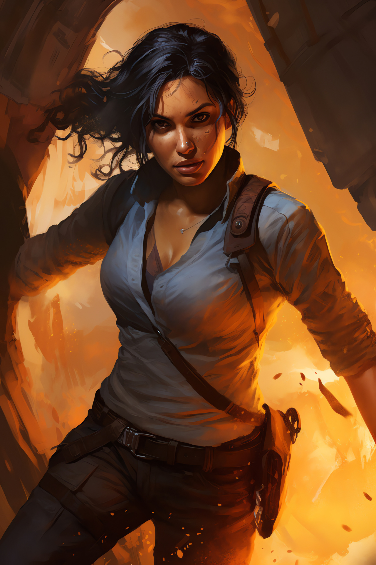 Chloe Frazer in Uncharted, Asset reappropriator, Noir attire, Auburn strands, Intrusion accessory, HD Phone Image