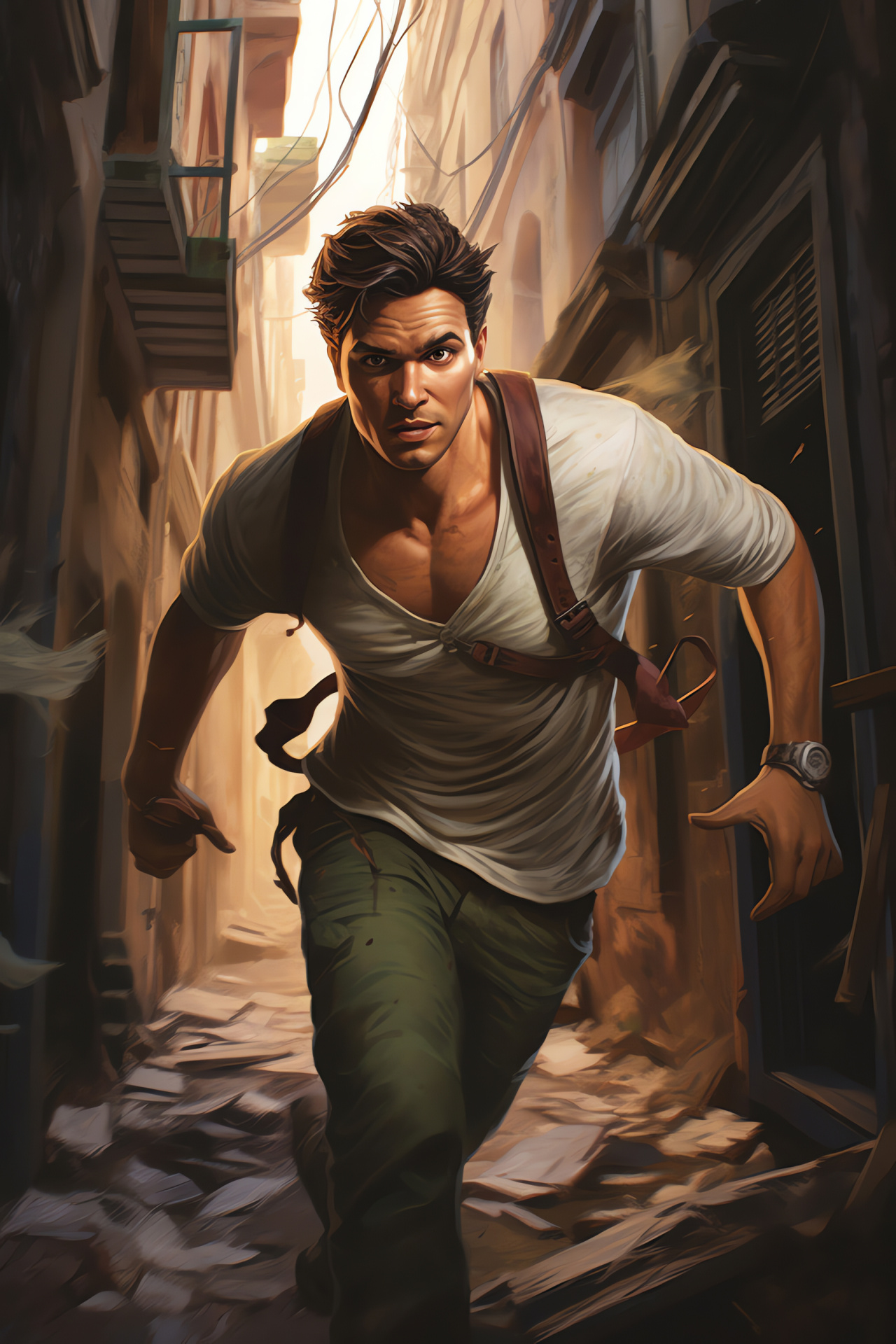 Action-adventure game, fearless protagonist, exploration scene, dark passageway, urban landscape, HD Phone Image