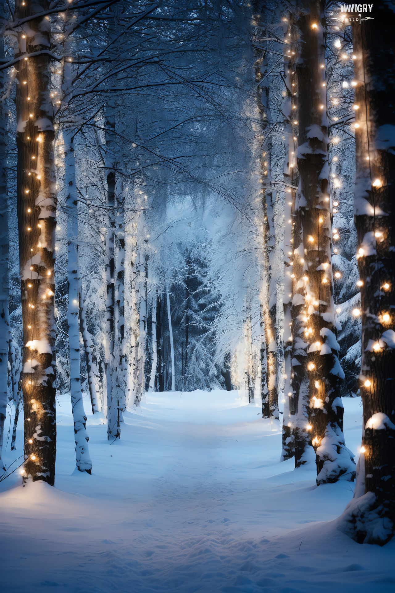 Holiday lights, snow-covered pines, forest pathway, idyllic winter scenery, shimmering illumination, HD Phone Wallpaper