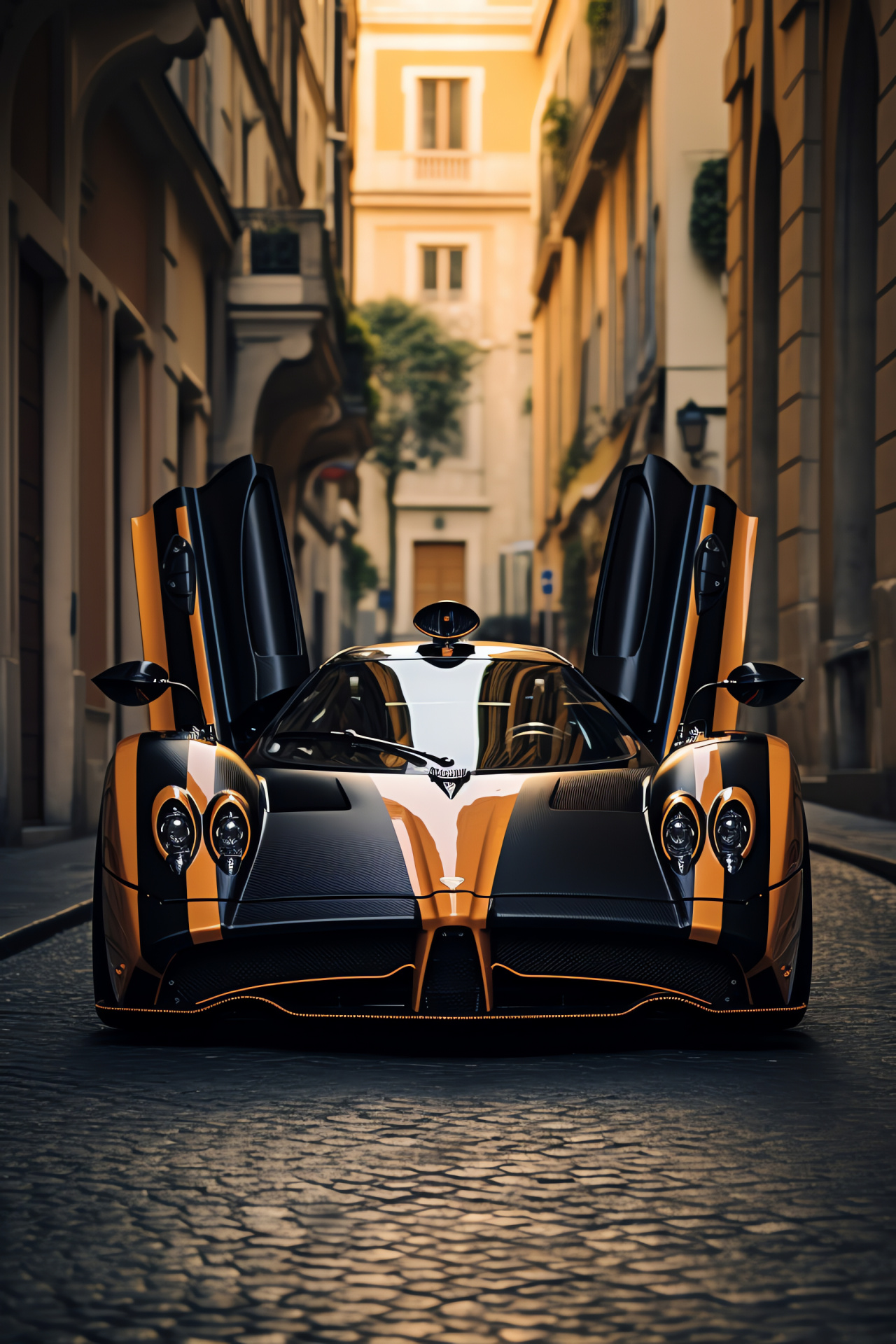 Pagani Zonda F, Eternal City, cobblestone paths, detail shot, winged doors, amber tones, HD Phone Wallpaper