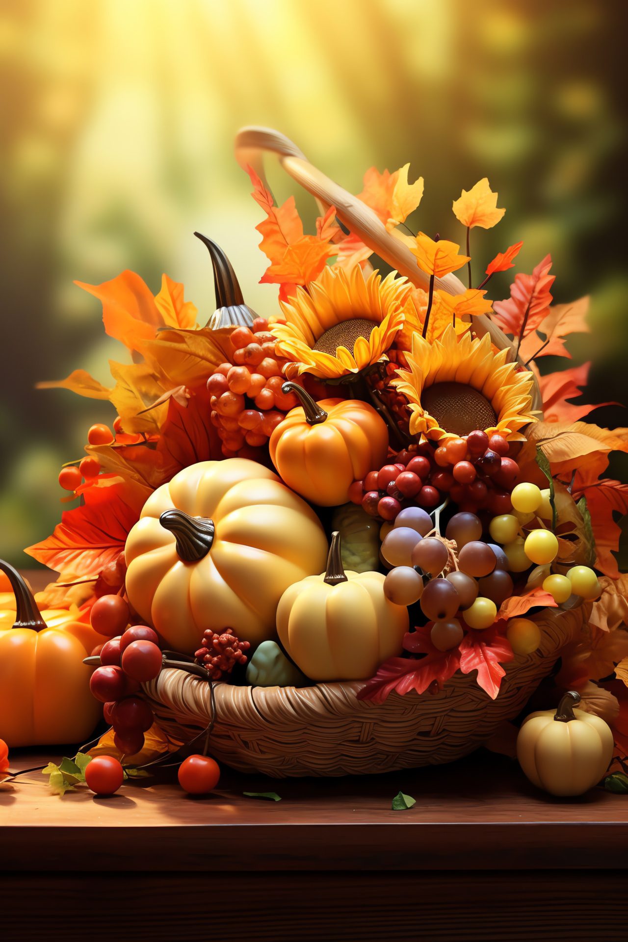 Autumn cornucopia art, Digital harvest depiction, 3D Thanksgiving setup, Holiday table representation, Bountiful centerpiece, HD Phone Image