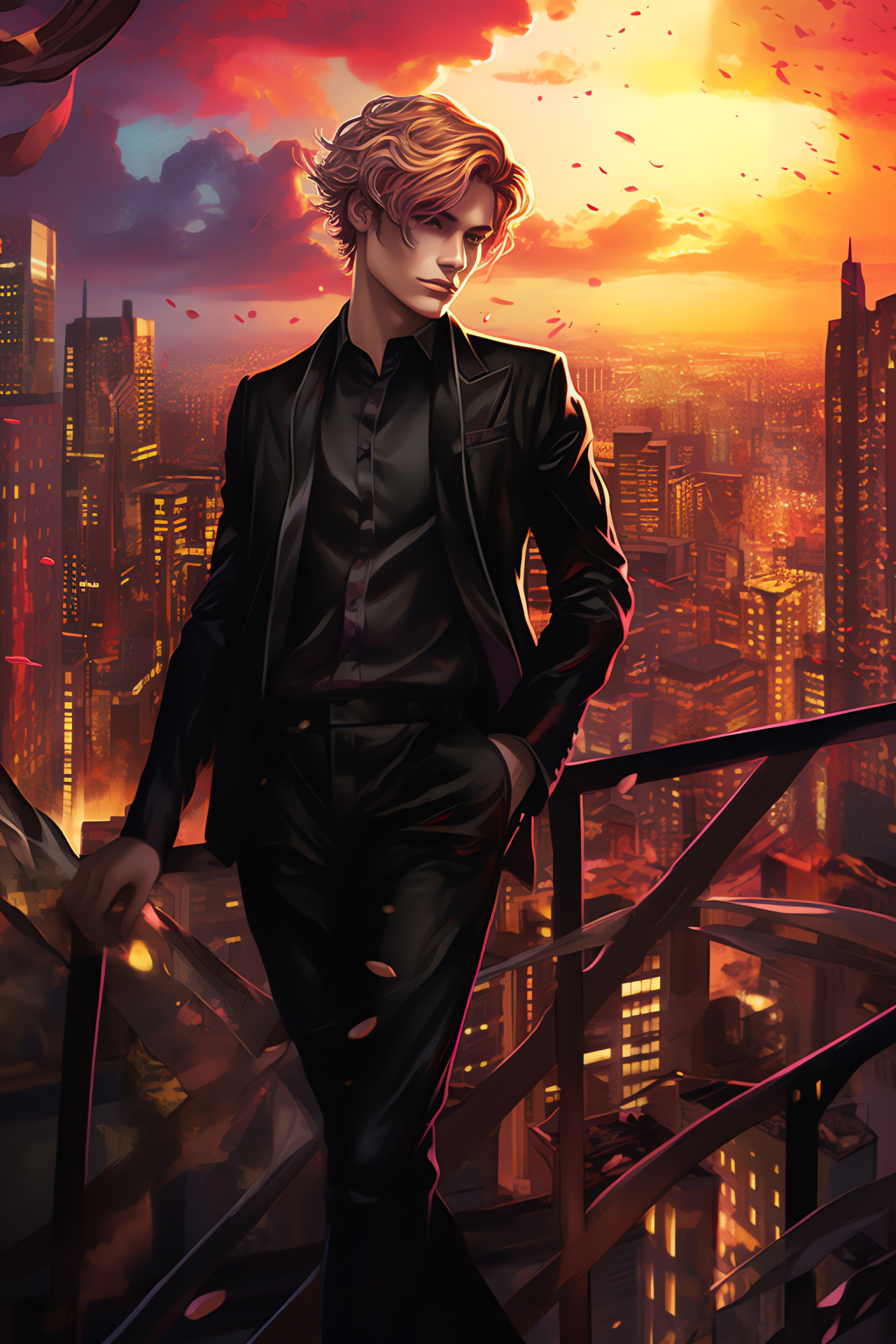 Mystic Messenger urban penthouse, Jumin Han digital portrayal, Metropolitan skyline scene, Game character sophistication, Romantic plotline, HD Phone Image