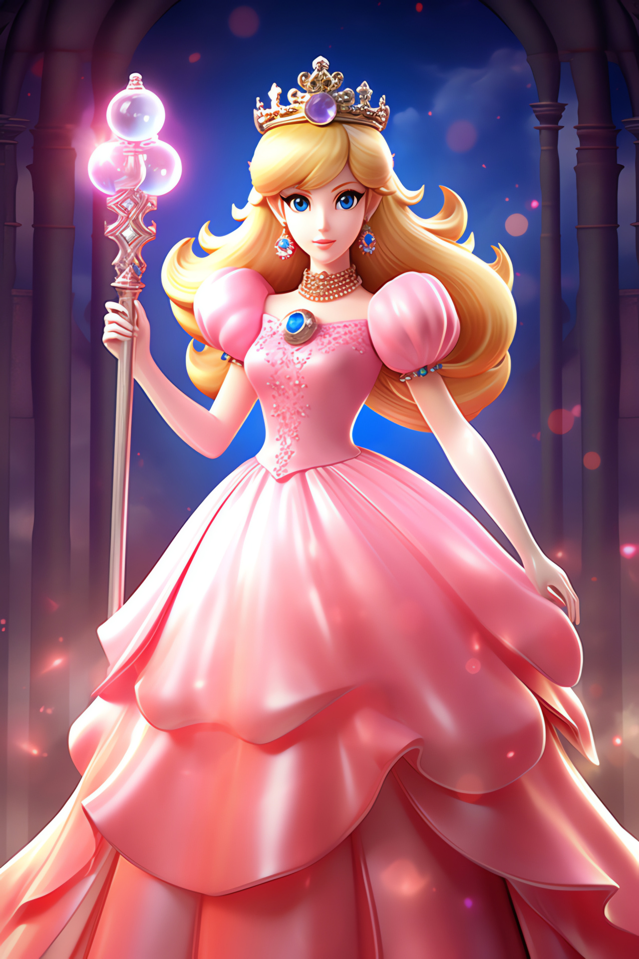 Nintendo's Princess Peach, Regal blue eyes, Mushroom Kingdom ruler, Gilded scepter, Distinctive royal backdrop, HD Phone Image