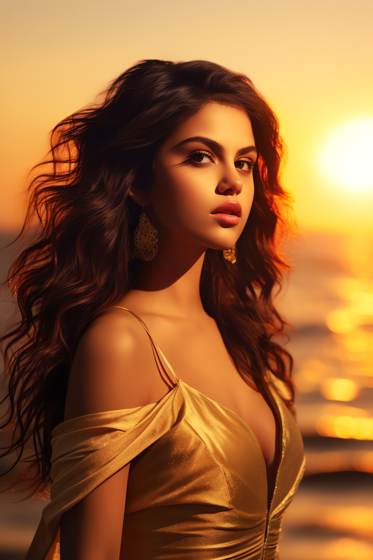 Selena Gomez, Film set, Beach filming, Evening glow, Artistic silhouette, HD Phone Image