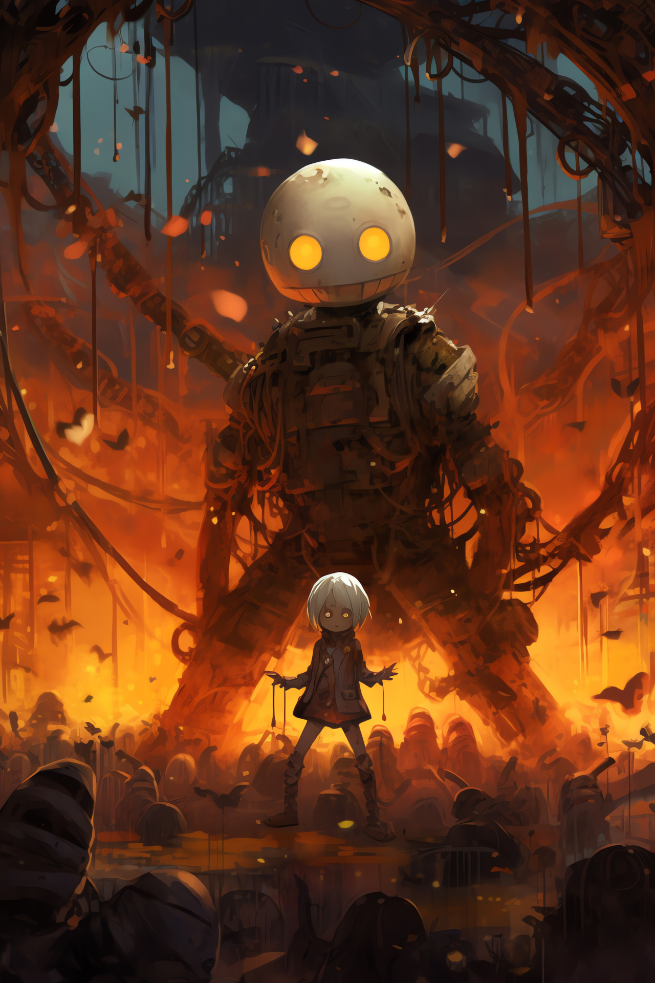 Nier Gestalt eerie theme park, rusting mechanical foes, protagonist A2 avatar, dilapidated joy land, cybernetic adversaries, HD Phone Wallpaper