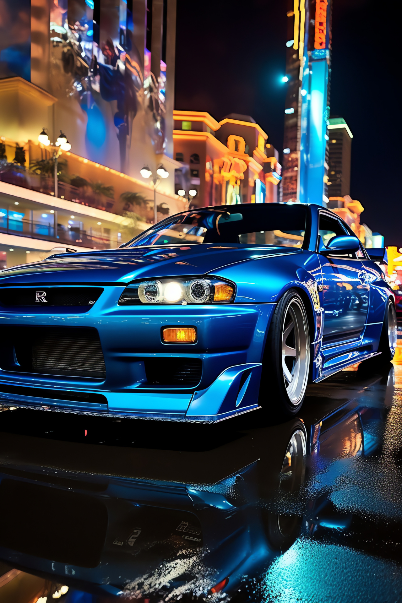 Nissan Skyline GTR R33, Vibrant neon contouring, Las Vegas glamour, Nocturnal energy, Blue paint sophistication, HD Phone Wallpaper